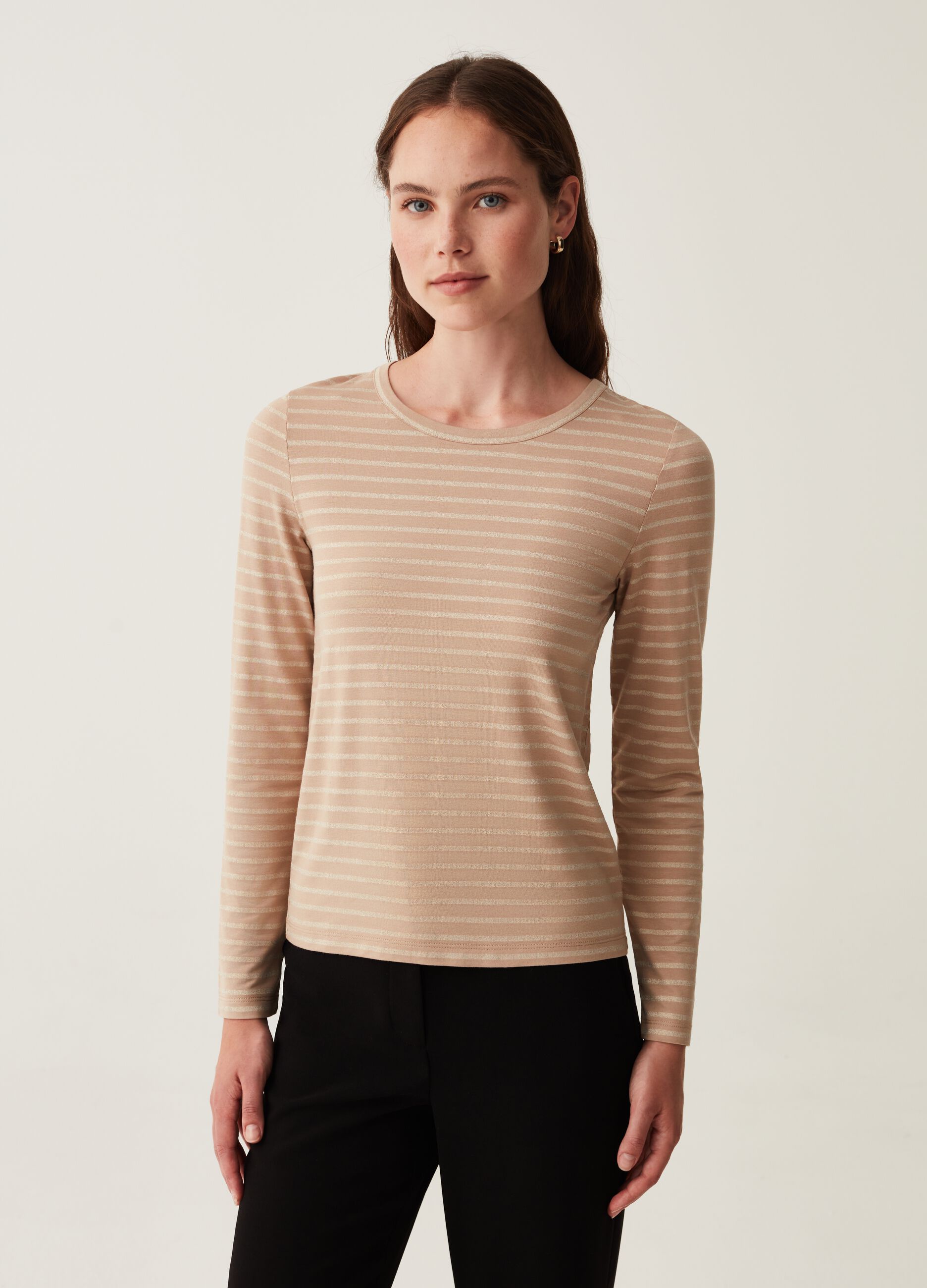 T-shirt a righe in lurex con maniche lunghe_0