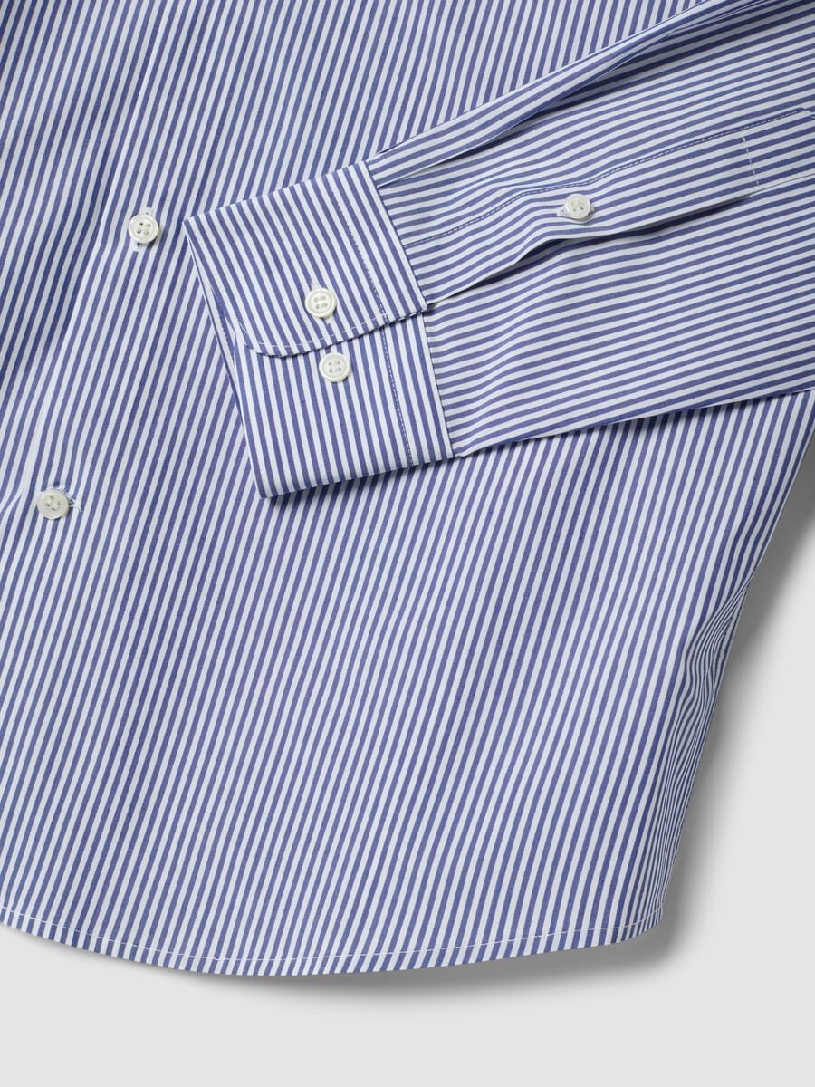 Camicia blu a righe in misto lyocell con collo francese easy iron_1