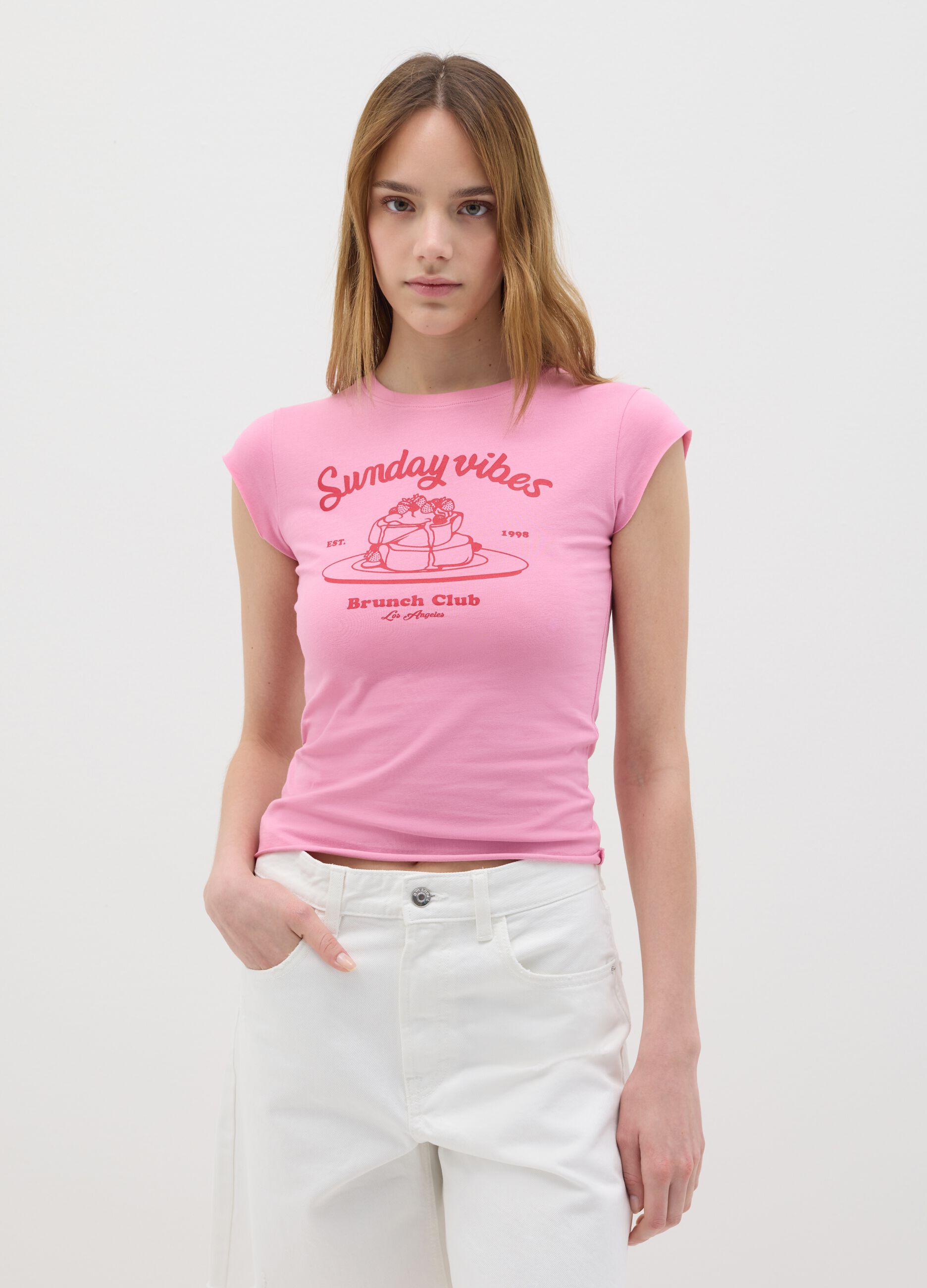 T-shirt da donna in cotone elasticizzato rosa slim fit con stampa