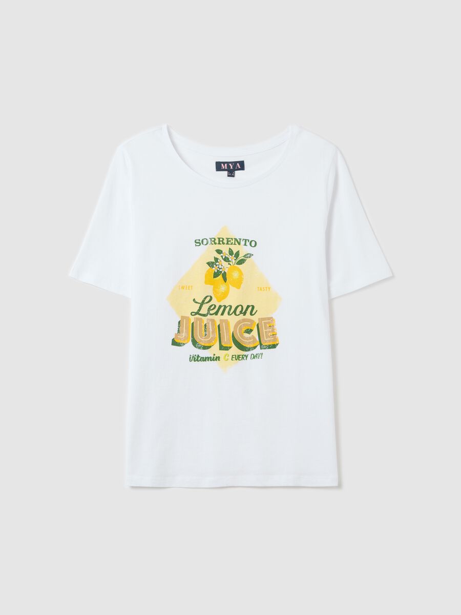 Curvy white T-shirt with "Sorrento Lemon Juice" print in cotton_0