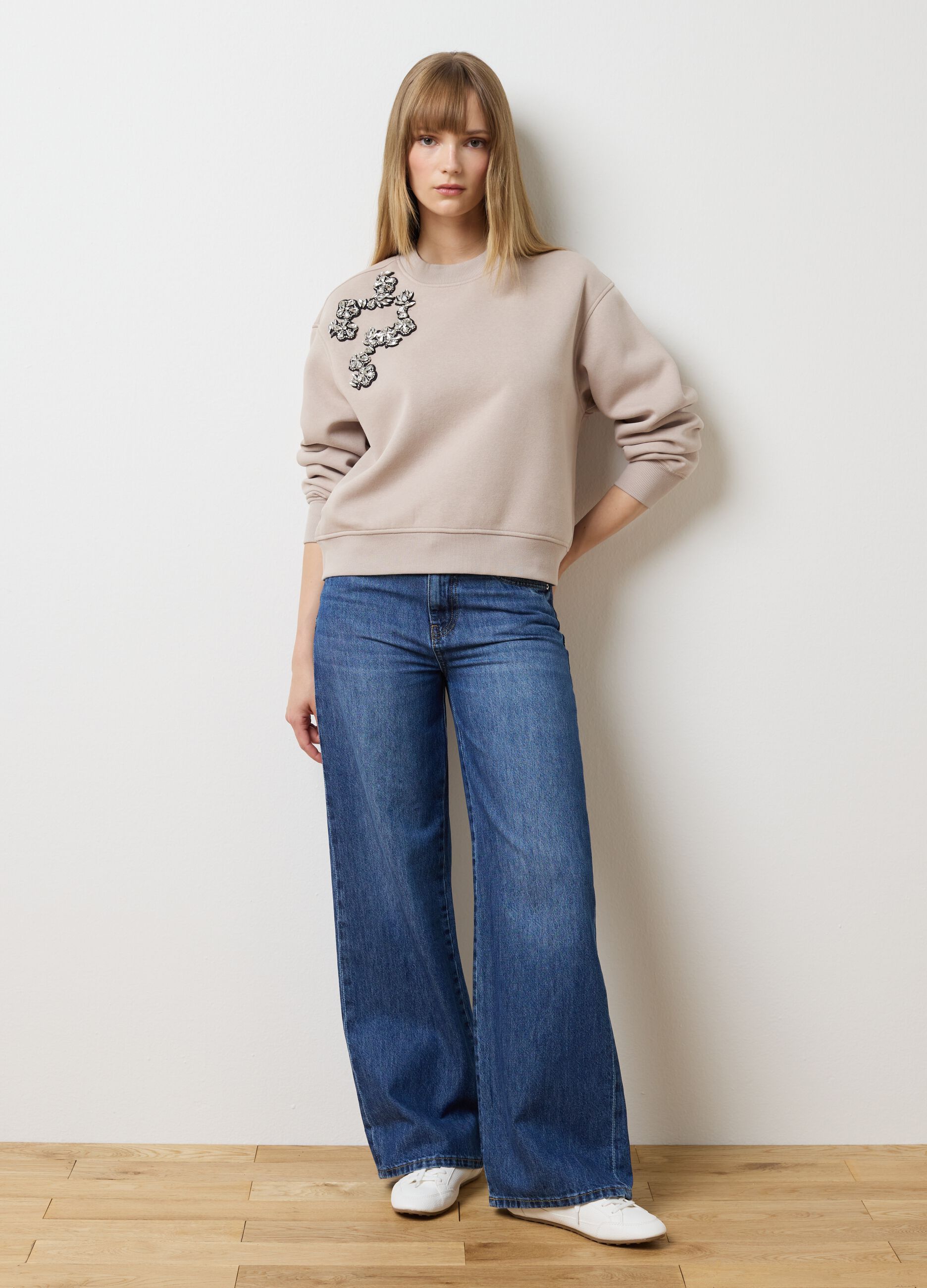 Beige cotton blend sweatshirt with embroidery