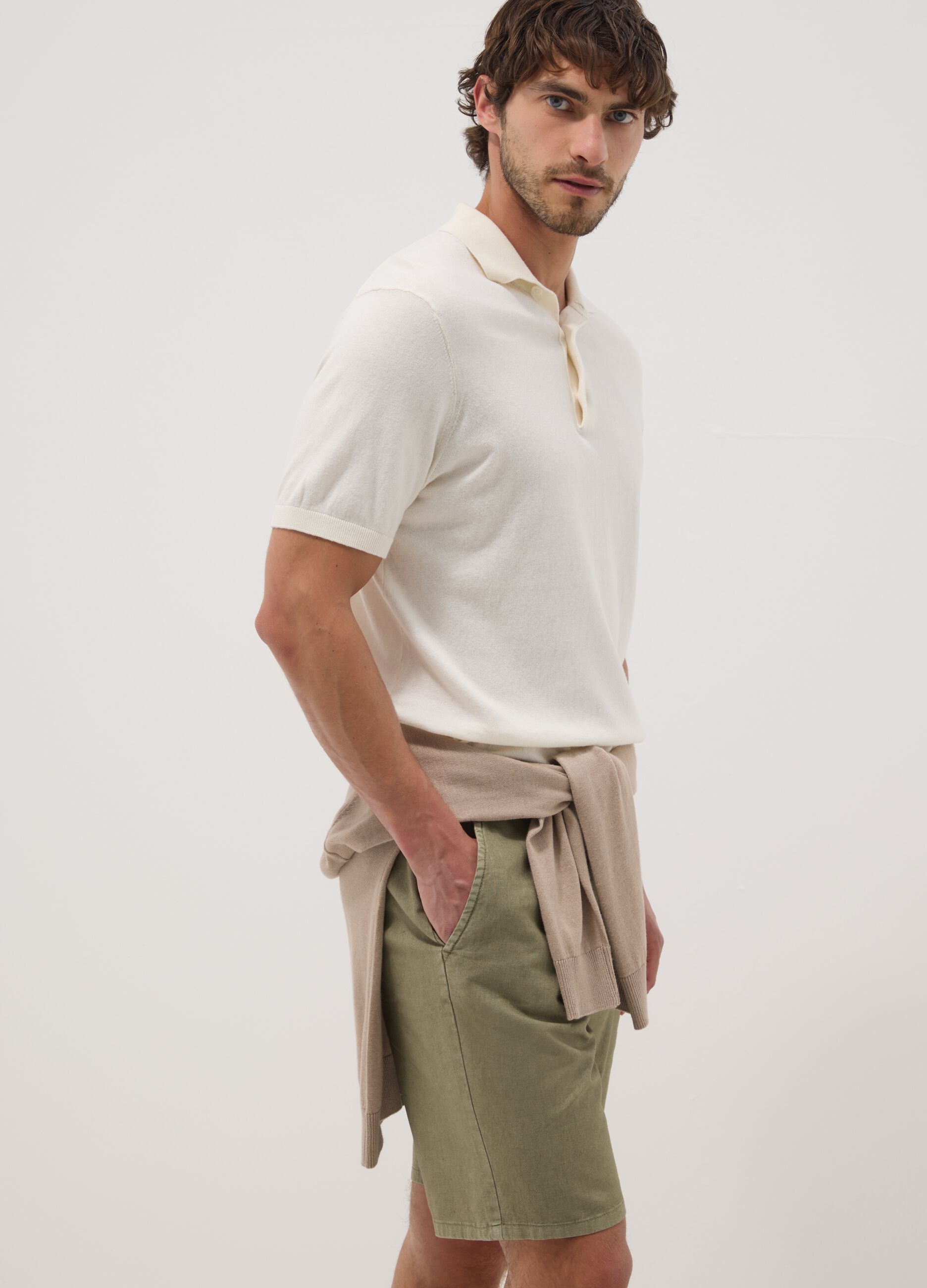 Green linen and cotton-blend chino shorts