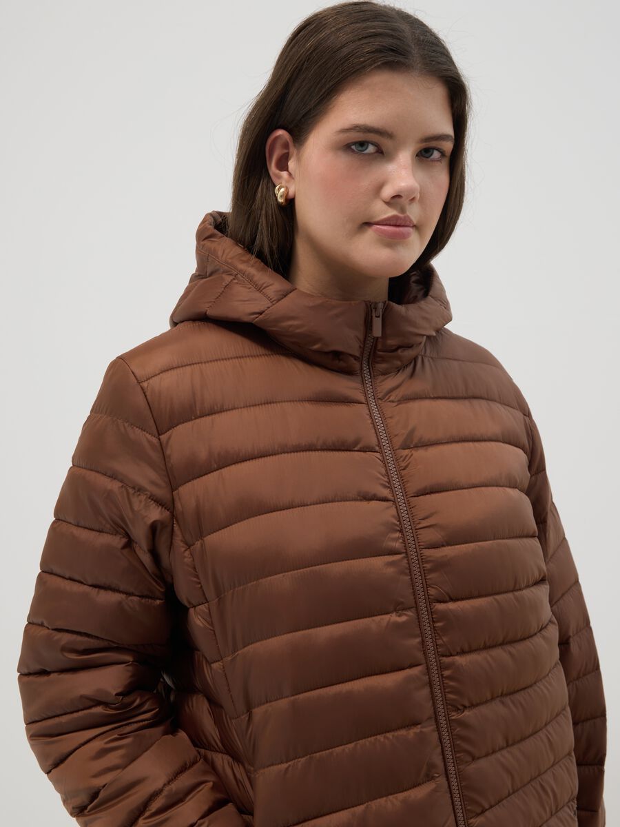 Brown padded regular fit jacket with zip and hood_0