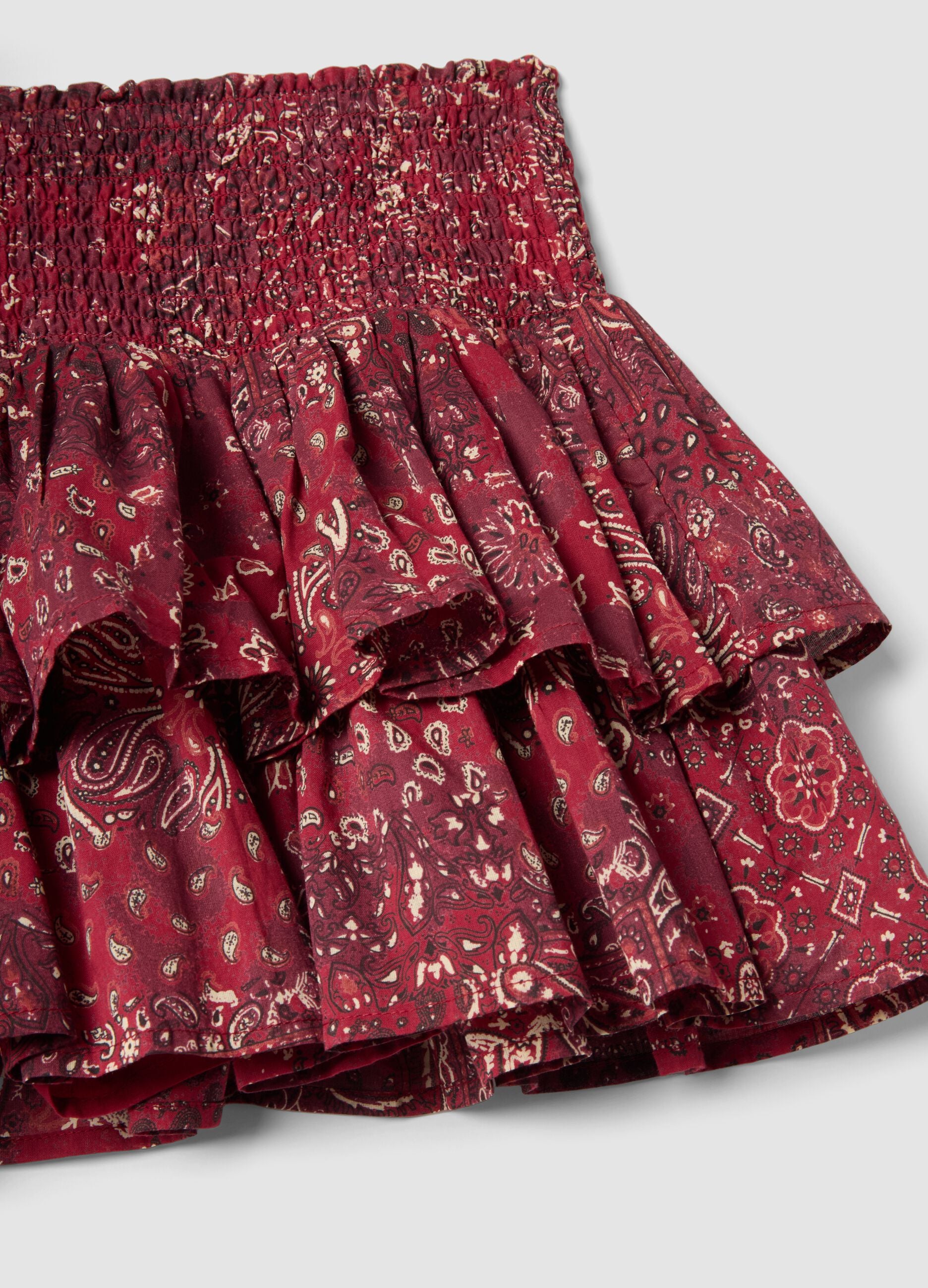 Red pure cotton mini skirt with ruffles and pattern