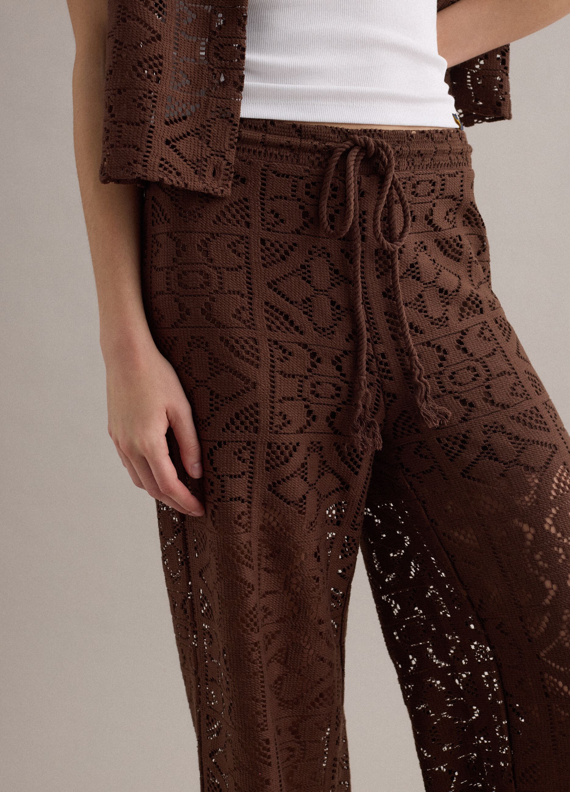 Brown openwork wide-leg trousers with elasticated waistband