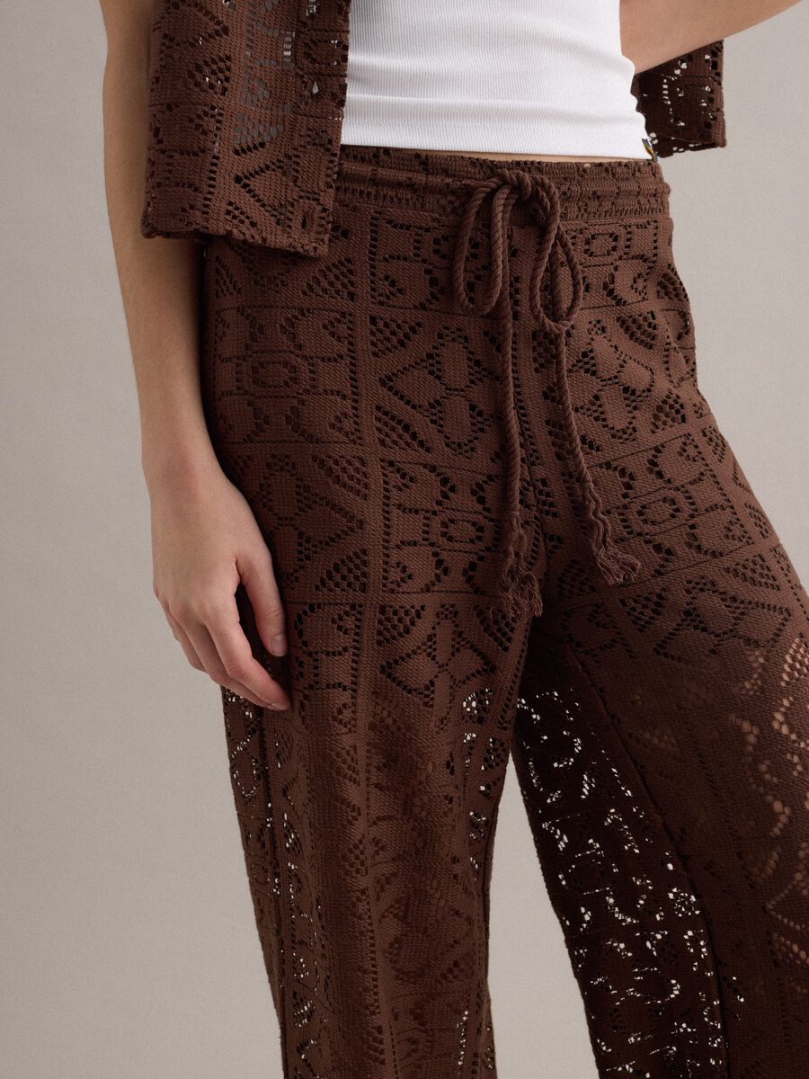 Brown openwork wide-leg trousers with elasticated waistband_3