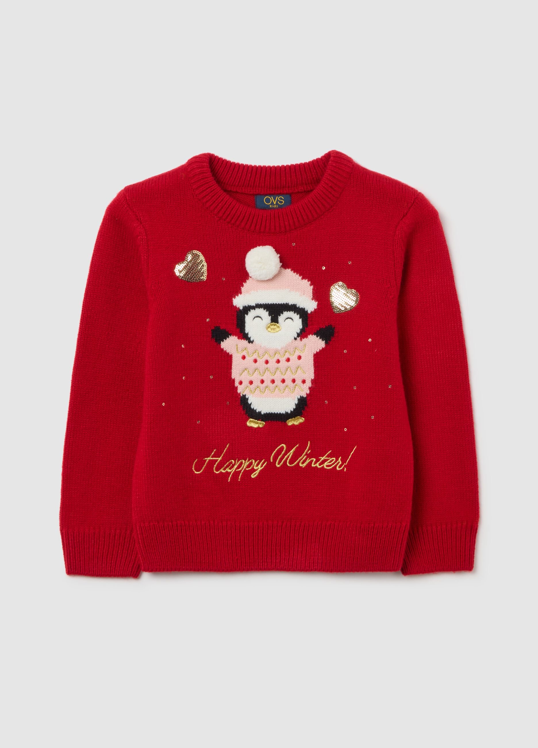 Regular fit red girls' jumper with penguin pattern