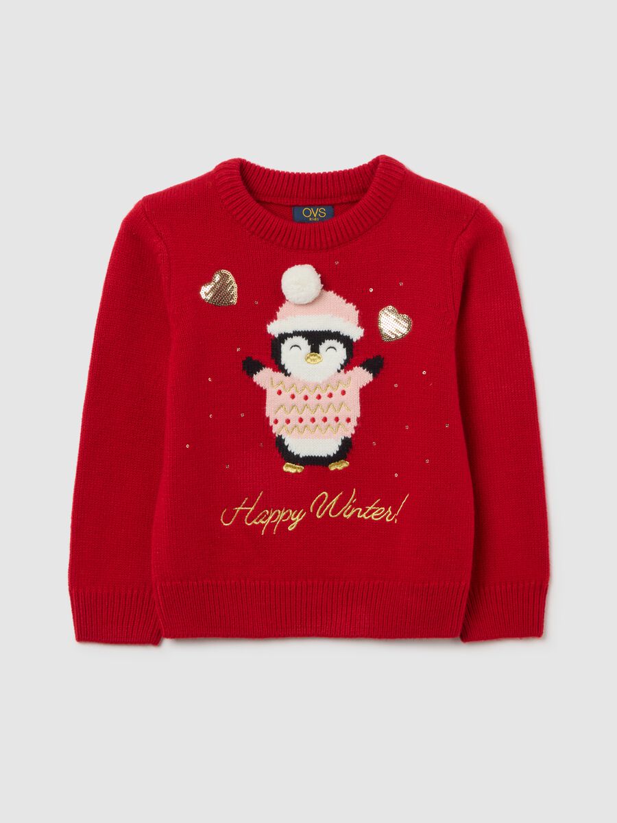 Maglione rosso da bambina regular fit con motivo a pinguino_0