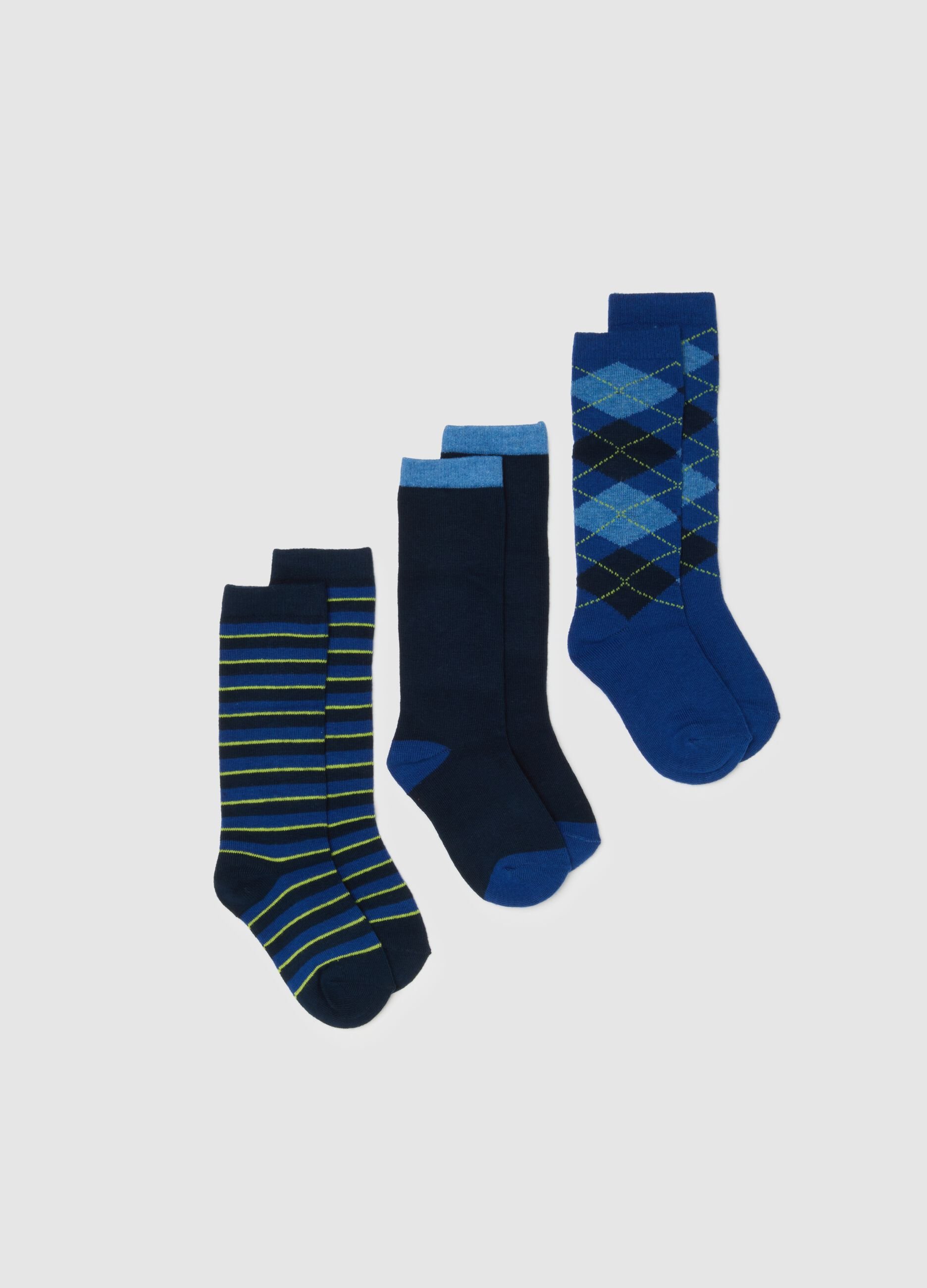Tripack of long kids' socks in blue cotton blend