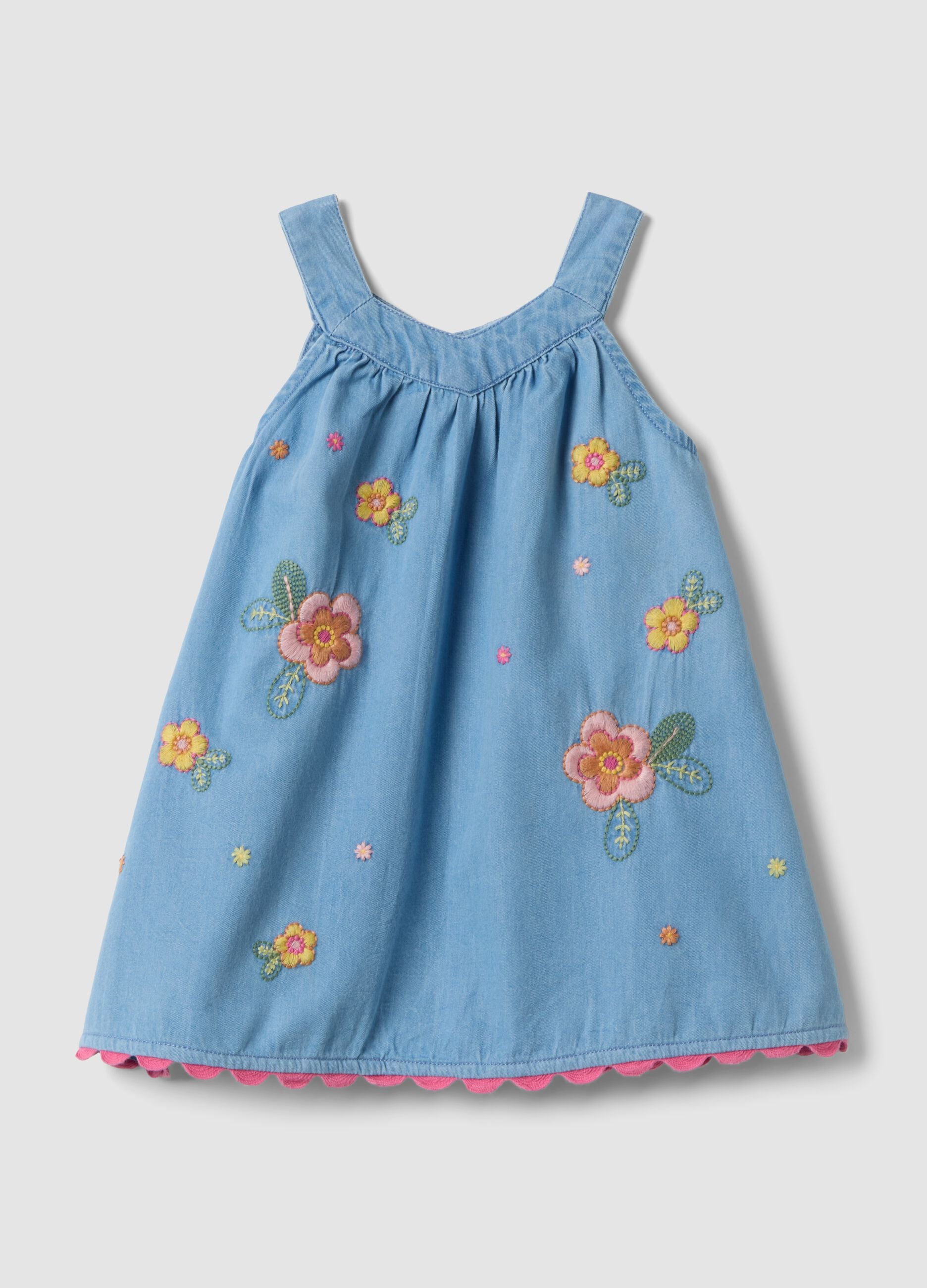 Sky-blue pure cotton dress with floral embroidery
