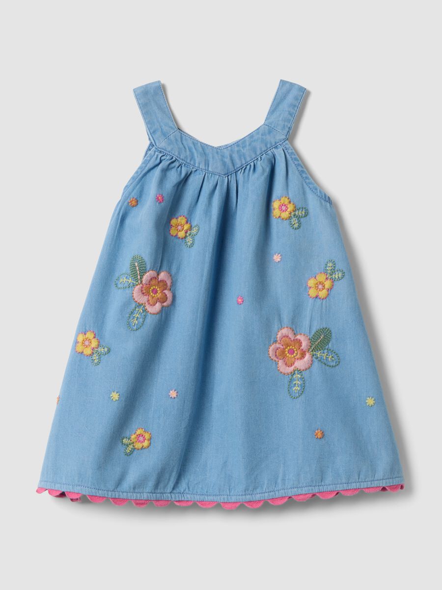 Sky-blue pure cotton dress with floral embroidery_0