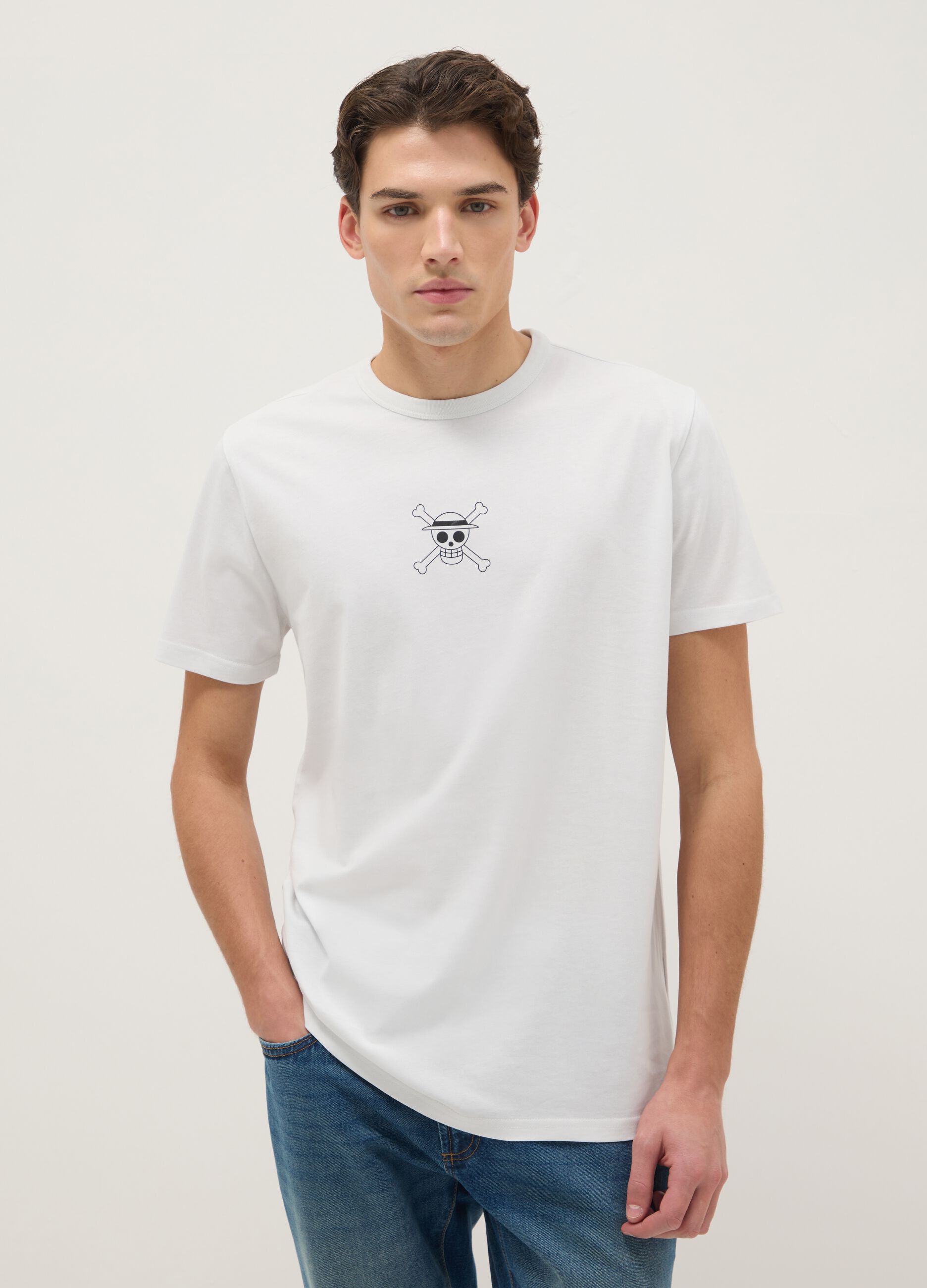 White pure cotton regular fit T-shirt with One Piece print