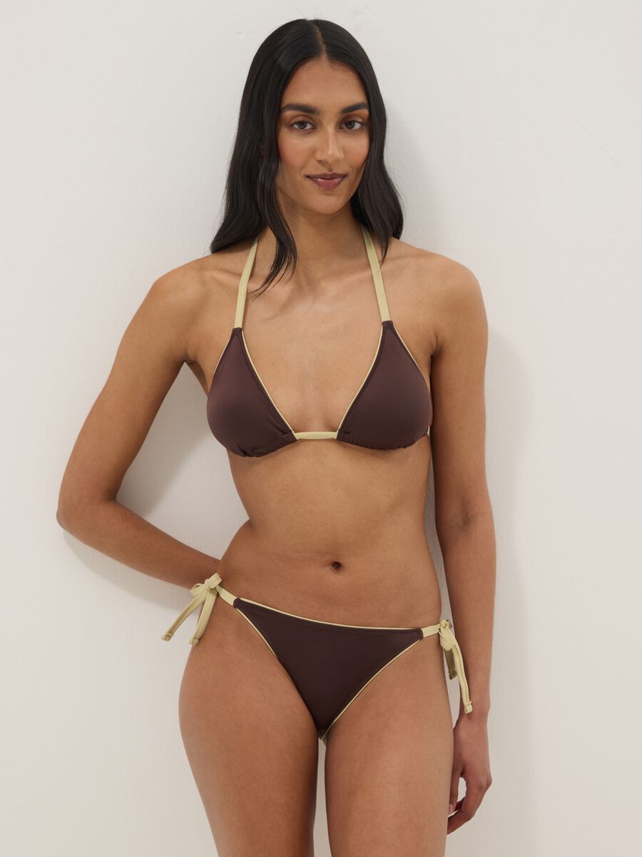 Brown stretch bikini bottoms with contrast tie sides_0