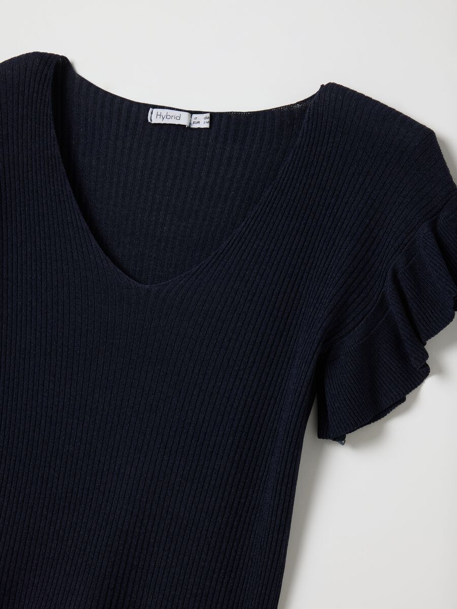 Women's blue viscose T-shirt, regular fit with frills_1