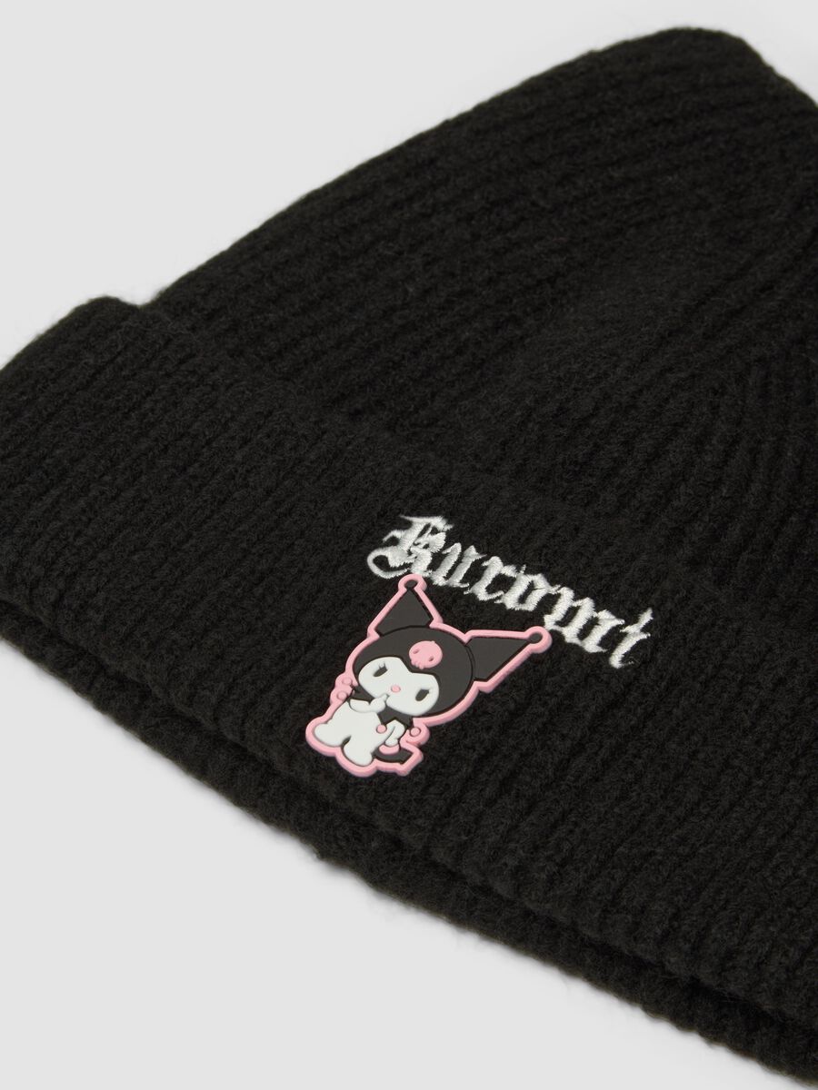 Black ribbed stretch wool-blend hat with Kuromi embroidery_2