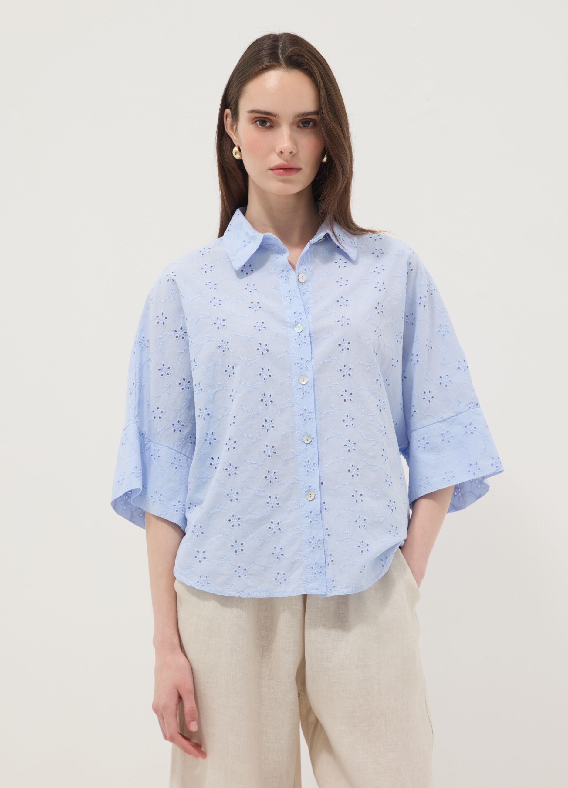 Sky blue openwork pure cotton shirt, regular fit
