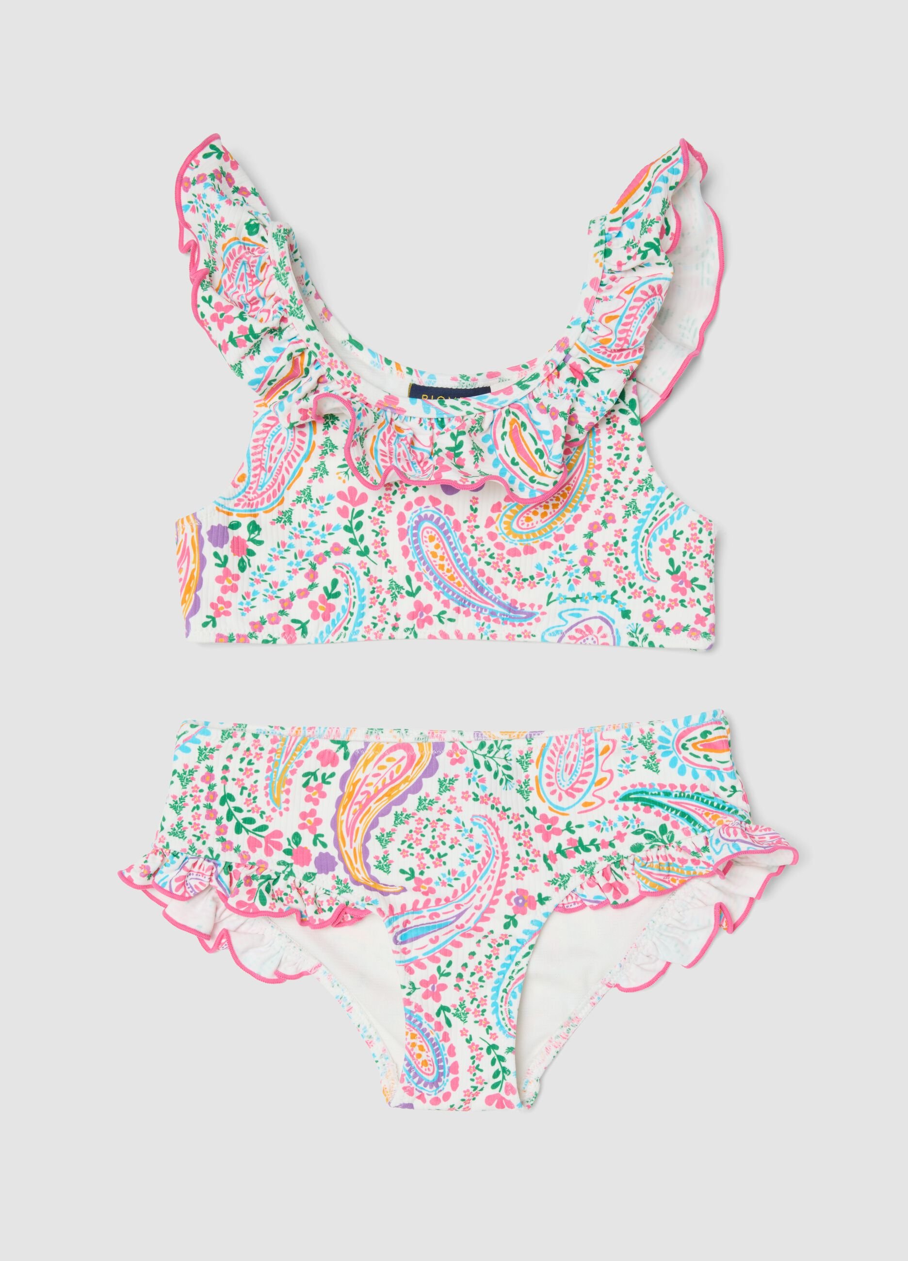 Bikini multicolor in tessuto elasticizzato con volant