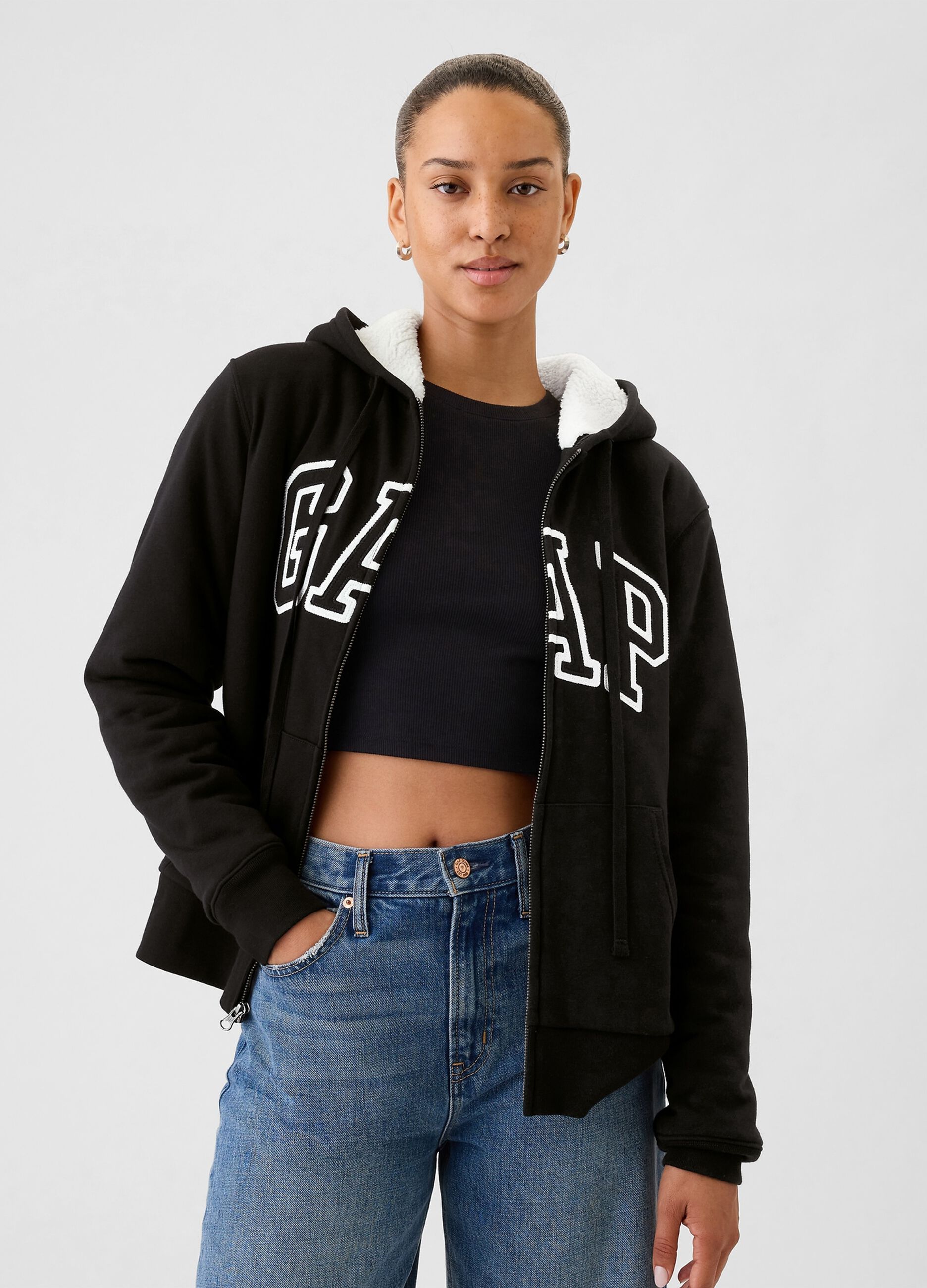 Full-zip sweatshirt with sherpa lining and logo embroidery