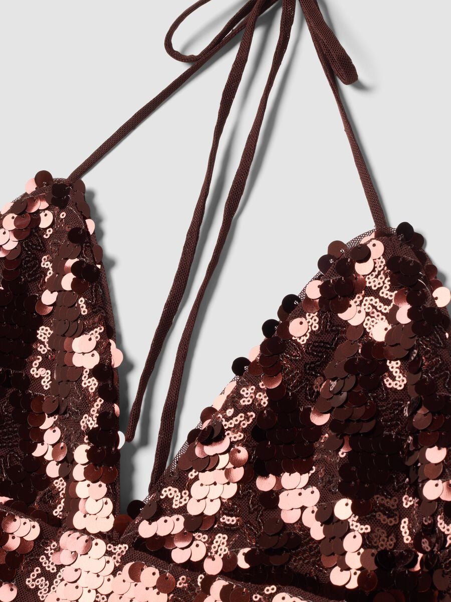Top marrone in tessuto elasticizzato con paillettes_1