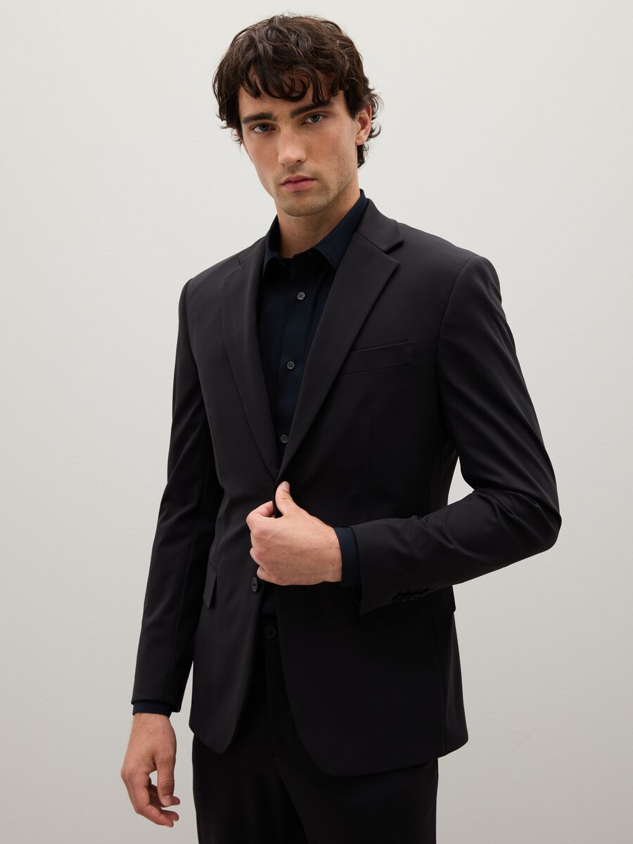 Black stretch fabric slim fit blazer_1