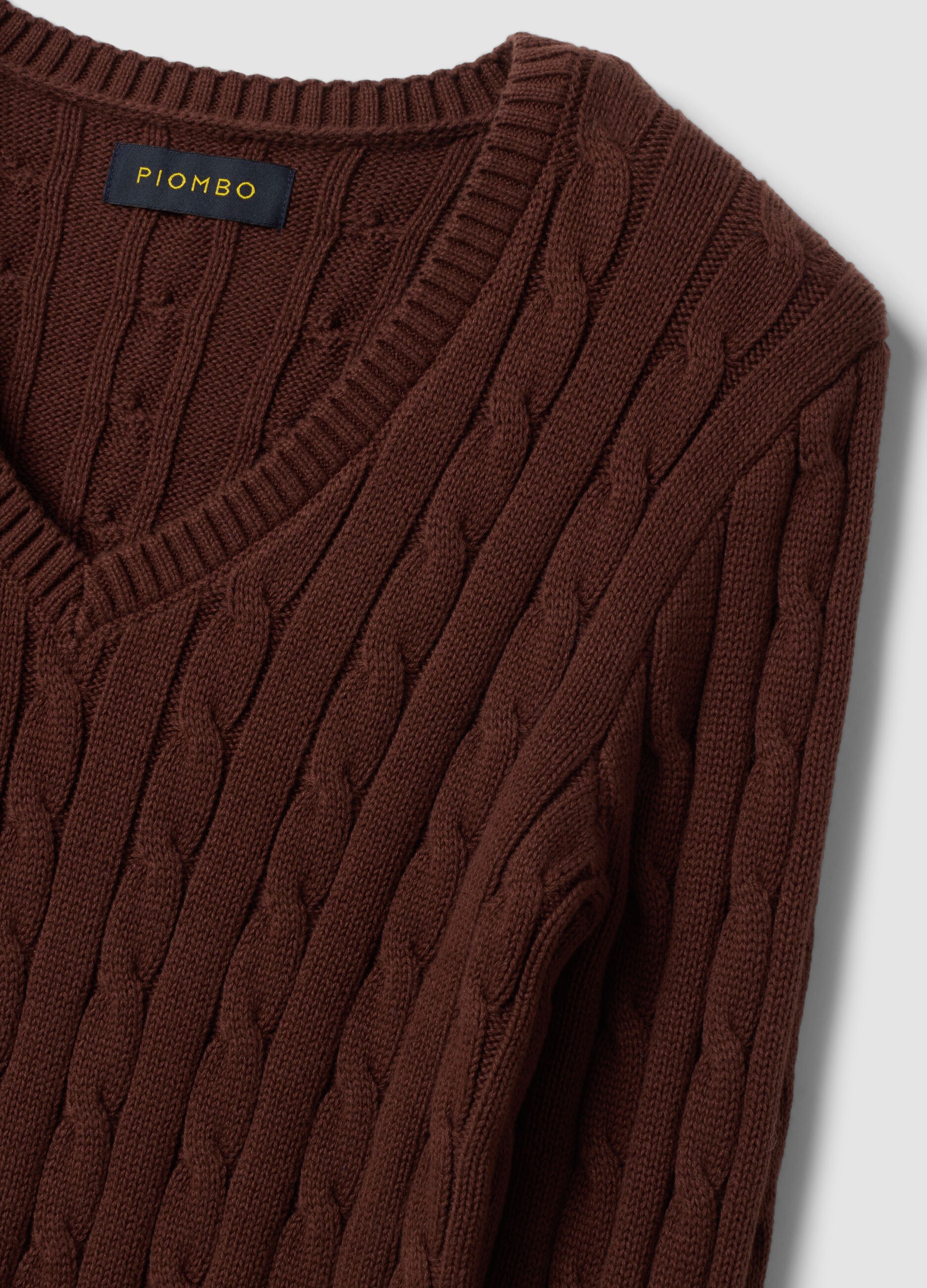 Brown pure cotton cable-knit jumper with deep V-neck