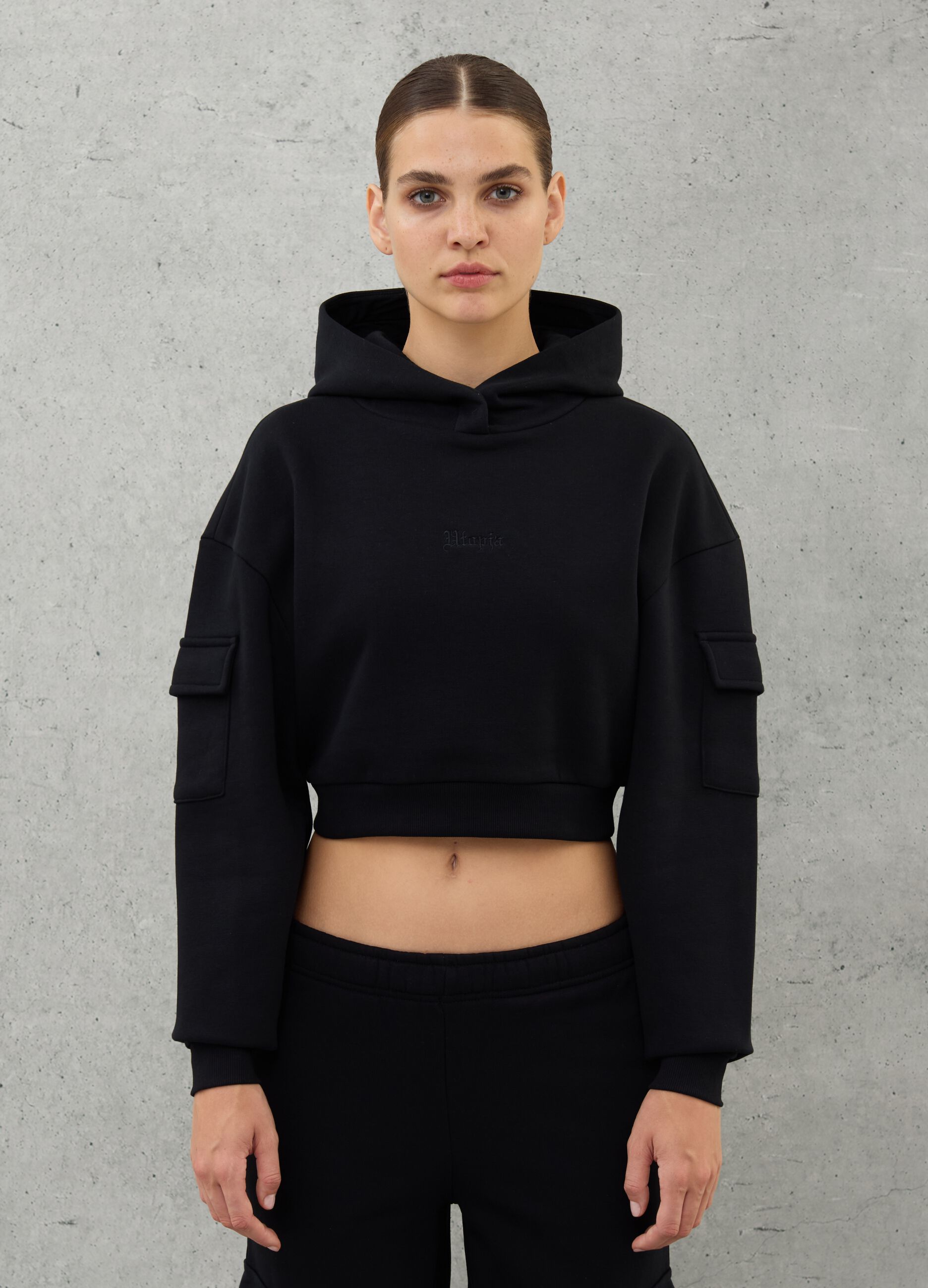 Crop Cargo Hoodie Black
