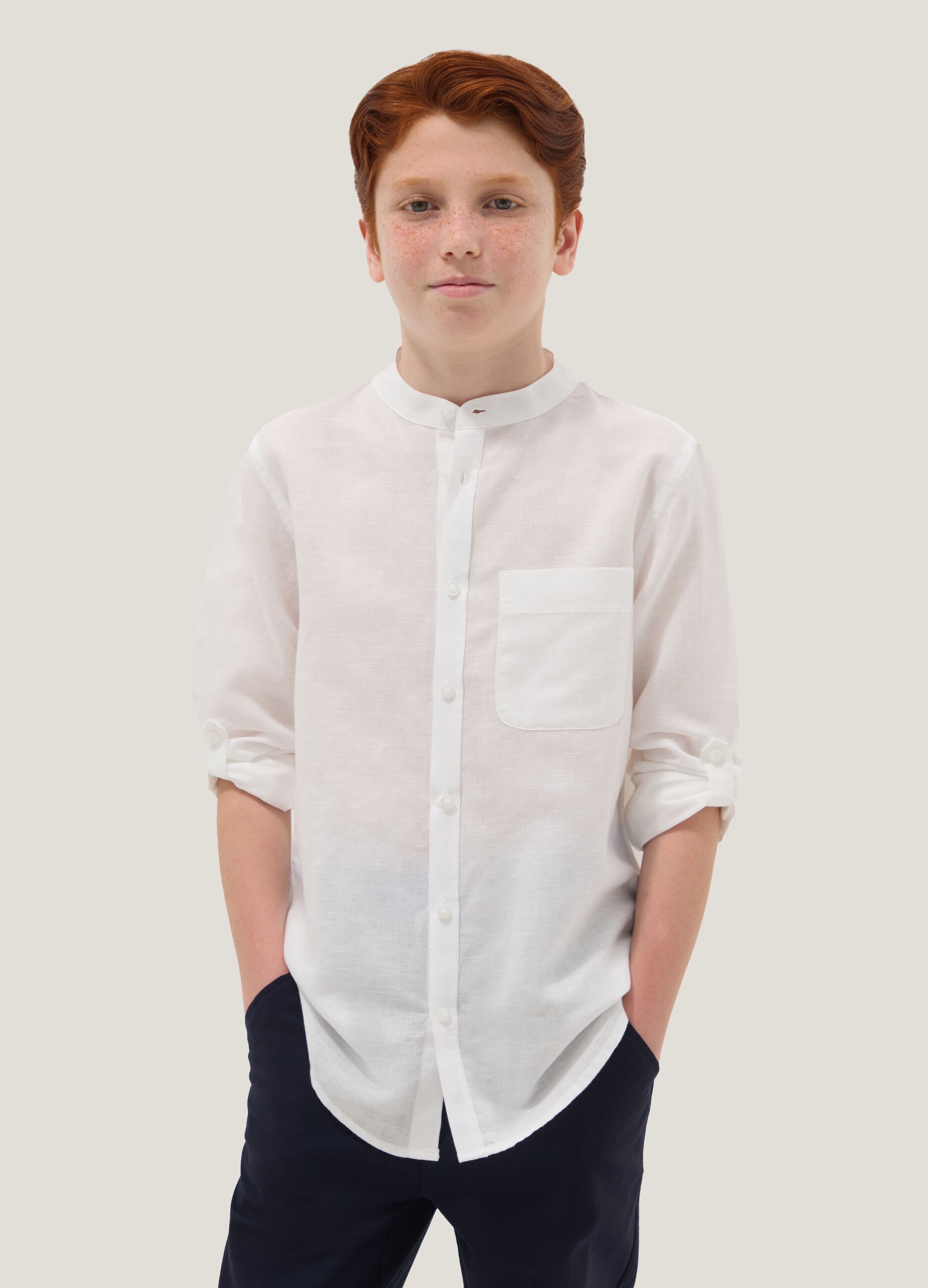 White linen and cotton blend boys&rsquo; shirt with mandarin collar