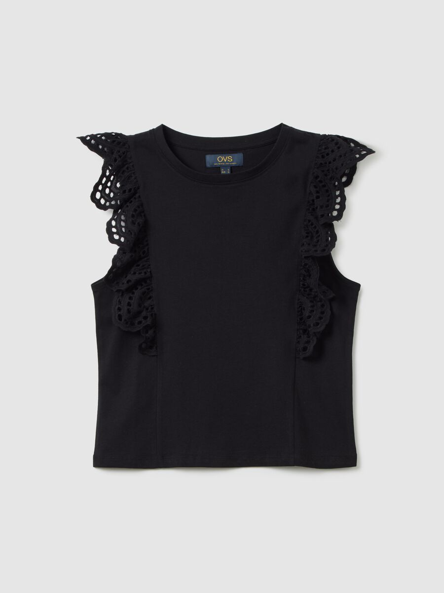 Women's black pure cotton top with lace, regular fit_0