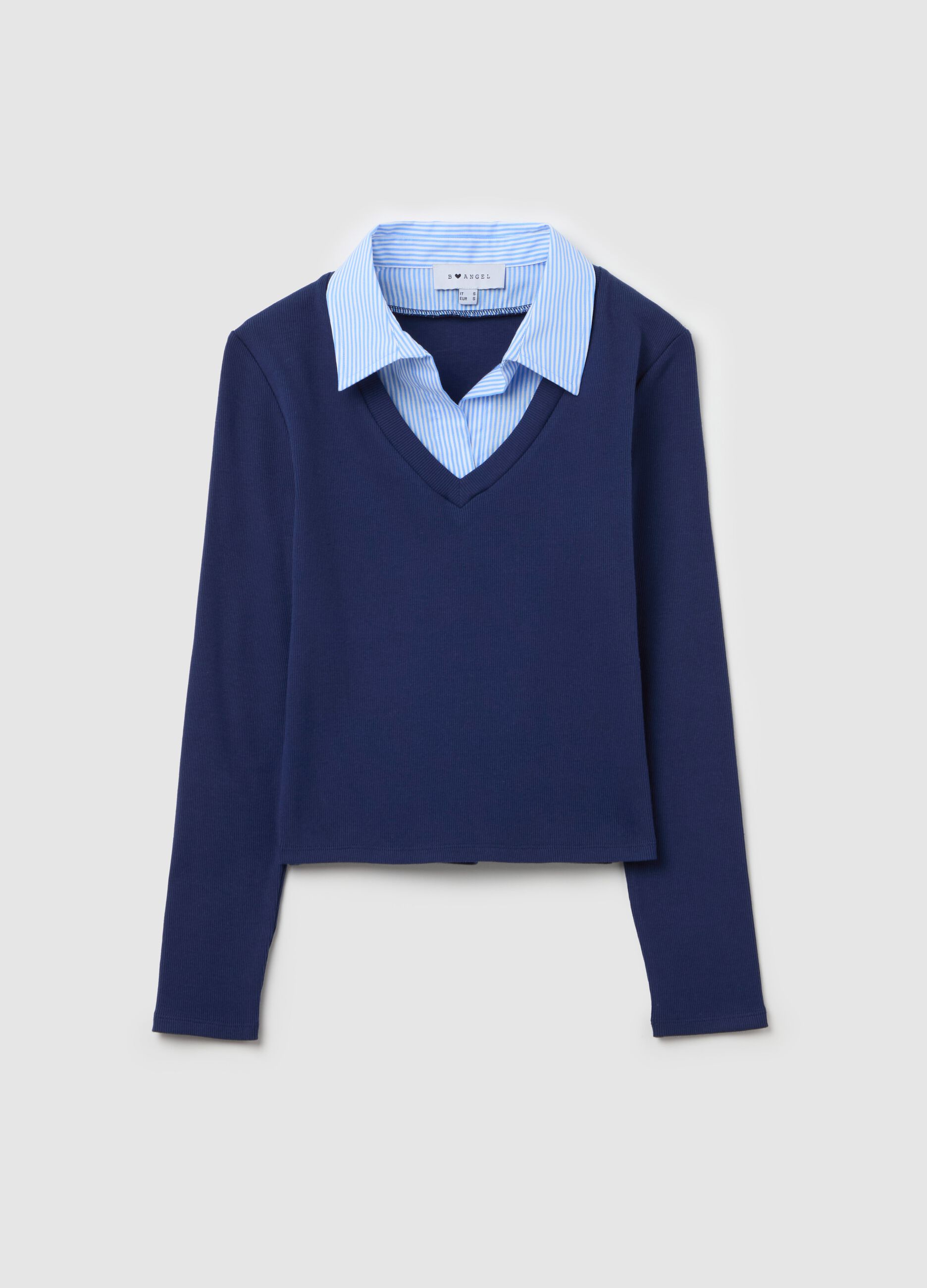 Blue ribbed T-shirt with contrasting collar