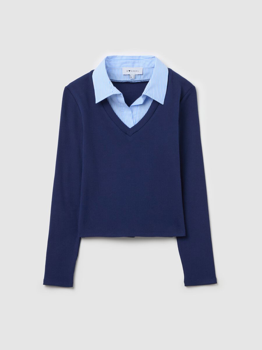 Blue ribbed T-shirt with contrasting collar_4