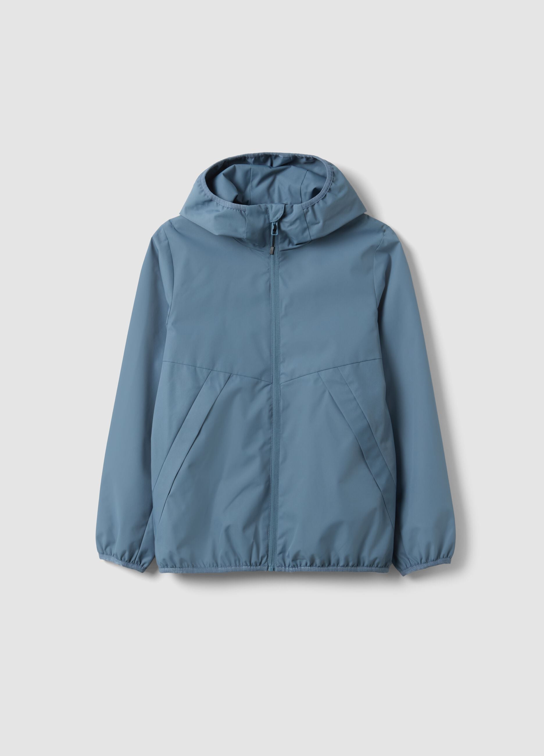 Blue oversized rain jacket with hood and zip for boys