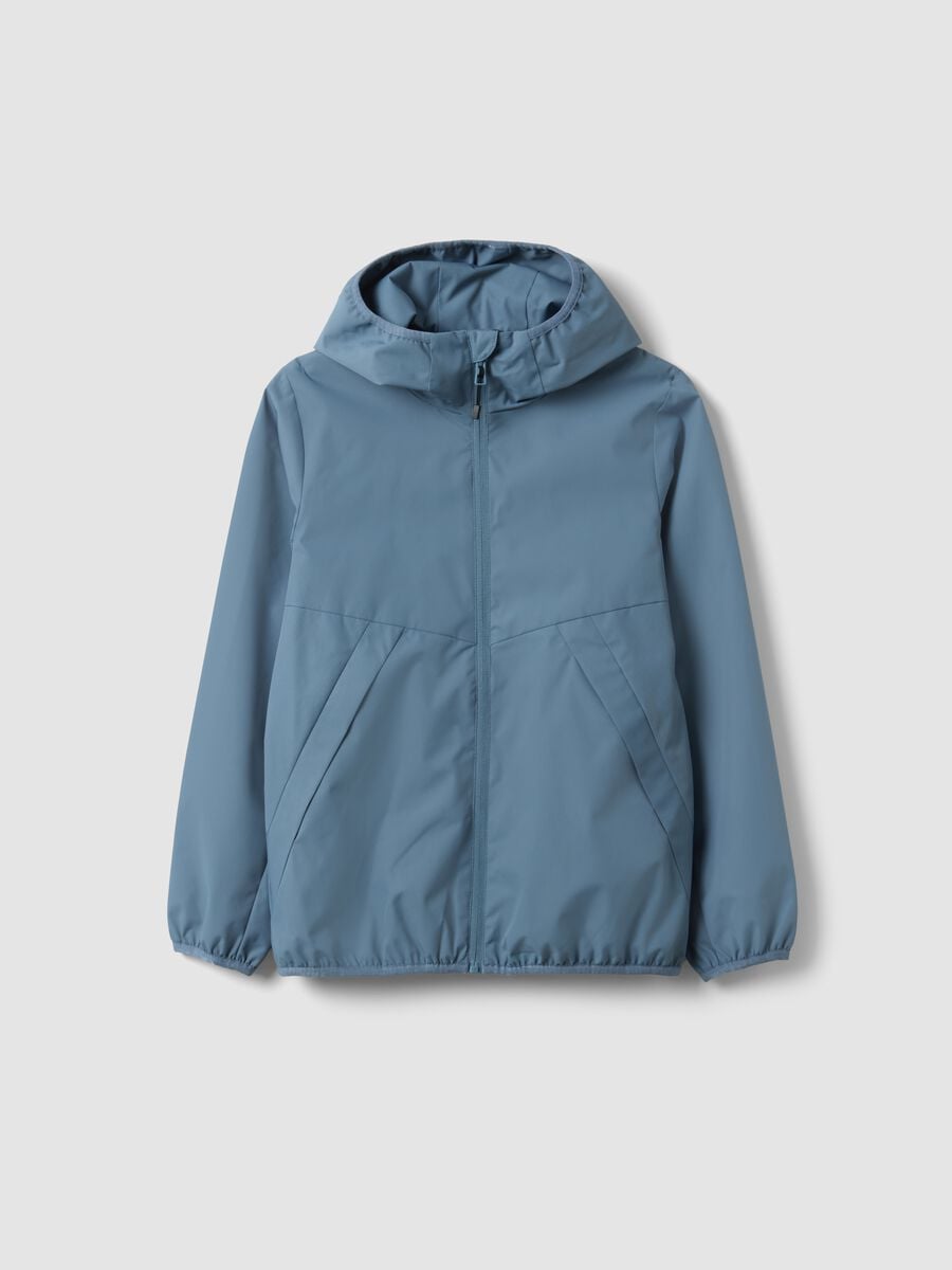 Blue oversized rain jacket with hood and zip for boys_0