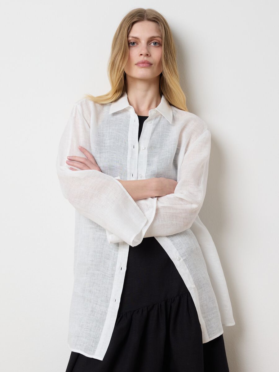 Women's Long White Oversized Linen Shirt_0