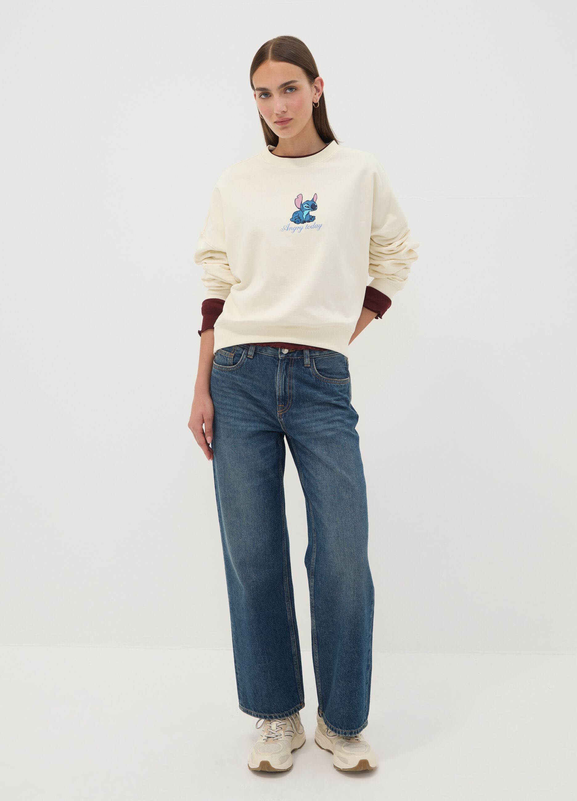Beige pure cotton sweatshirt with Stitch print