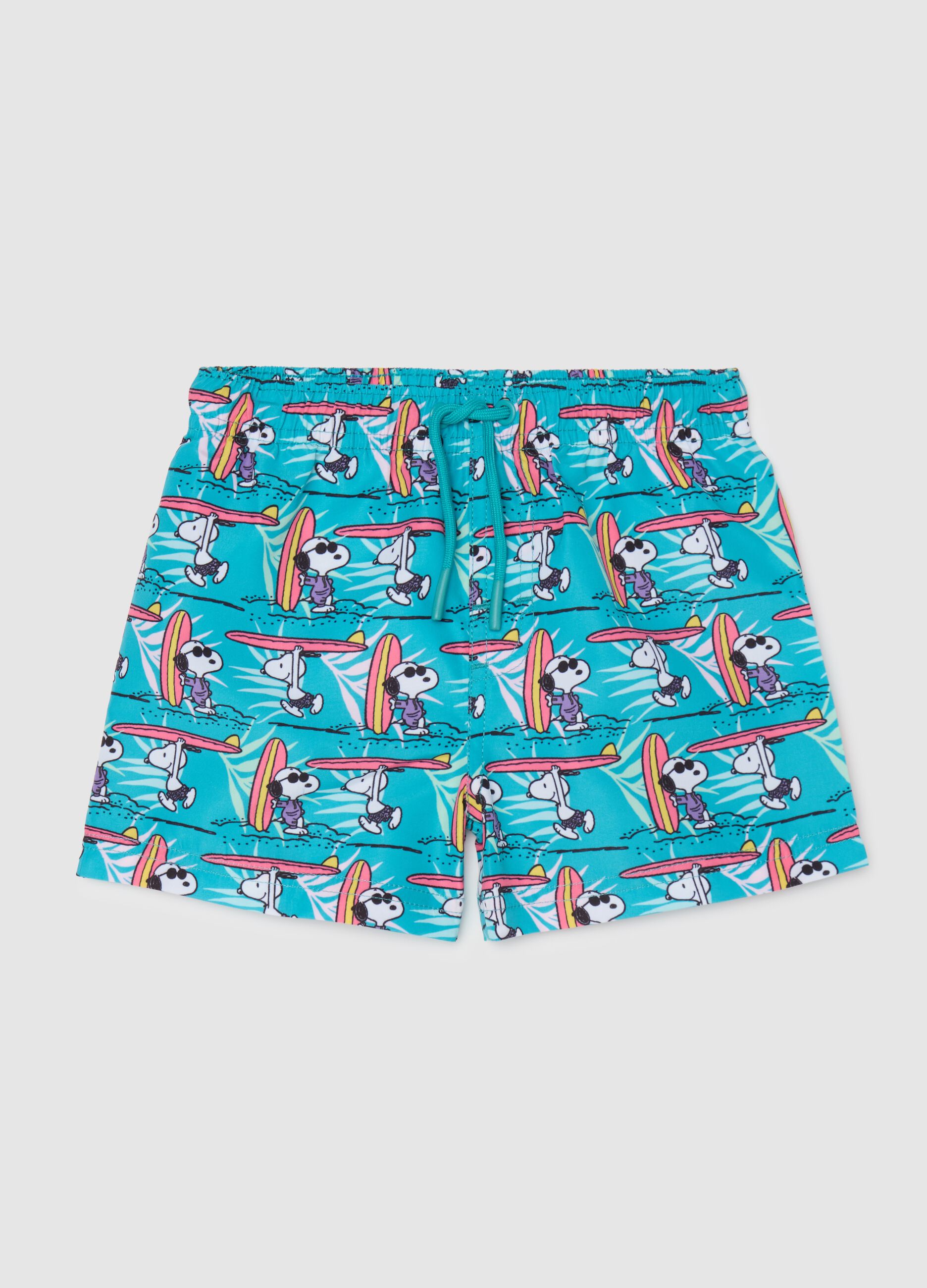 Costume da bagno da bambino in tessuto multicolor con stampa Snoopy e vita elasticizzata