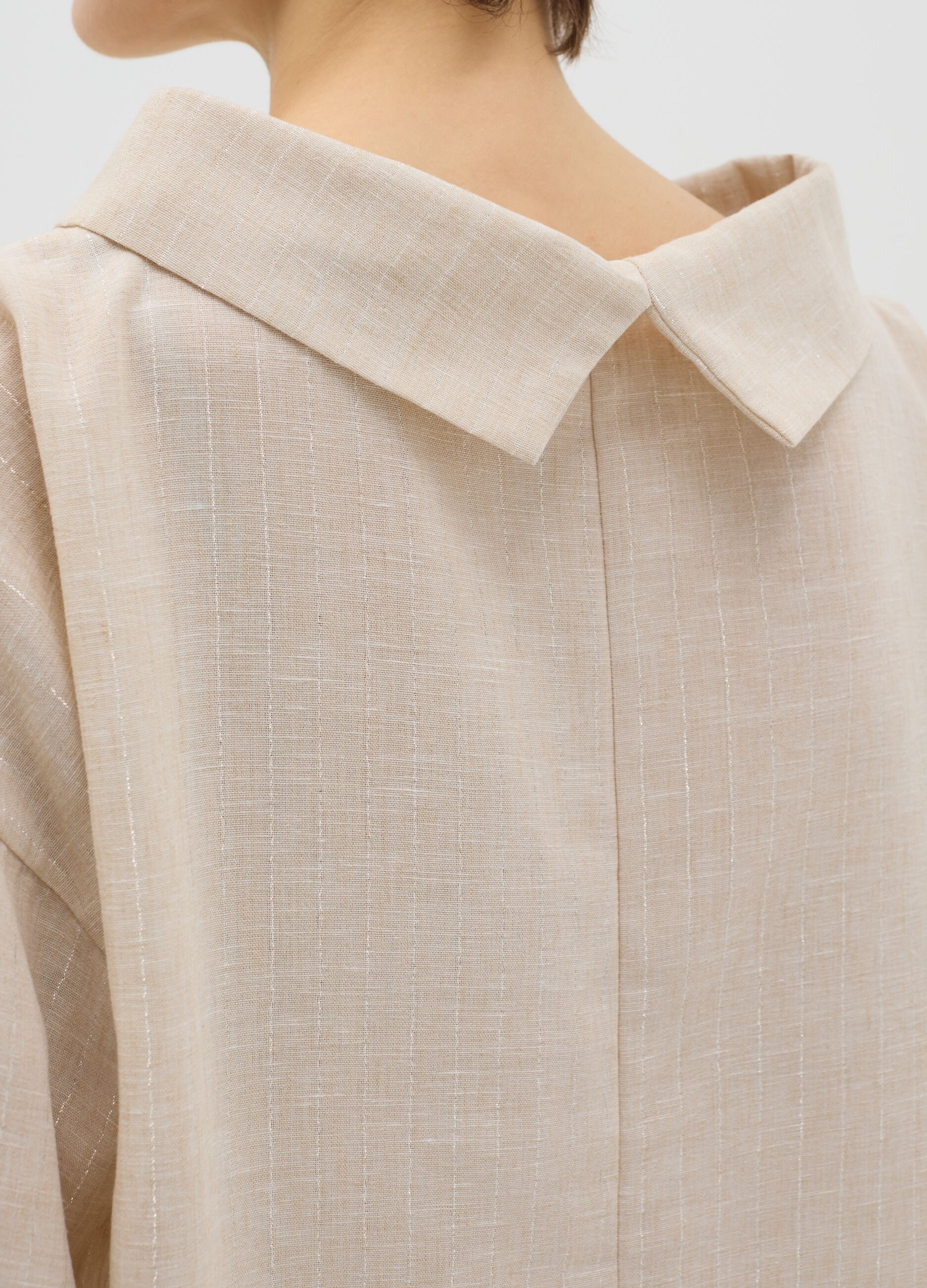 Beige pinstriped top in lurex with cowl neck