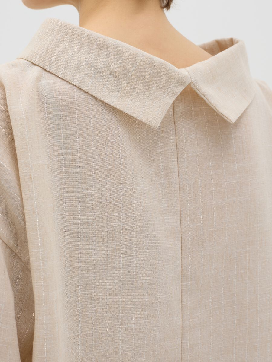 Beige pinstriped top in lurex with cowl neck_3