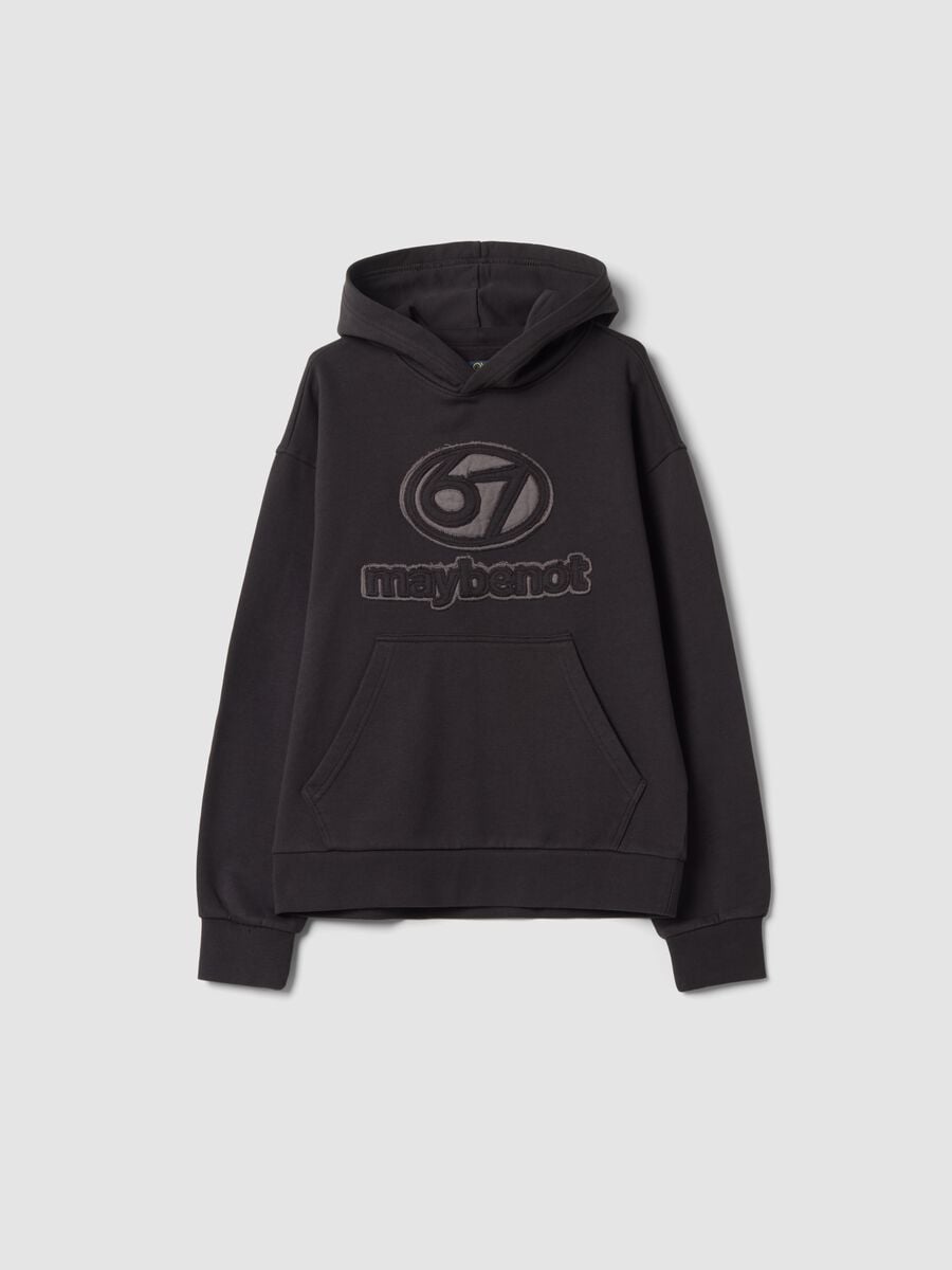 Dark grey pure cotton hoodie with raised embroidered detail, oversized fit_0