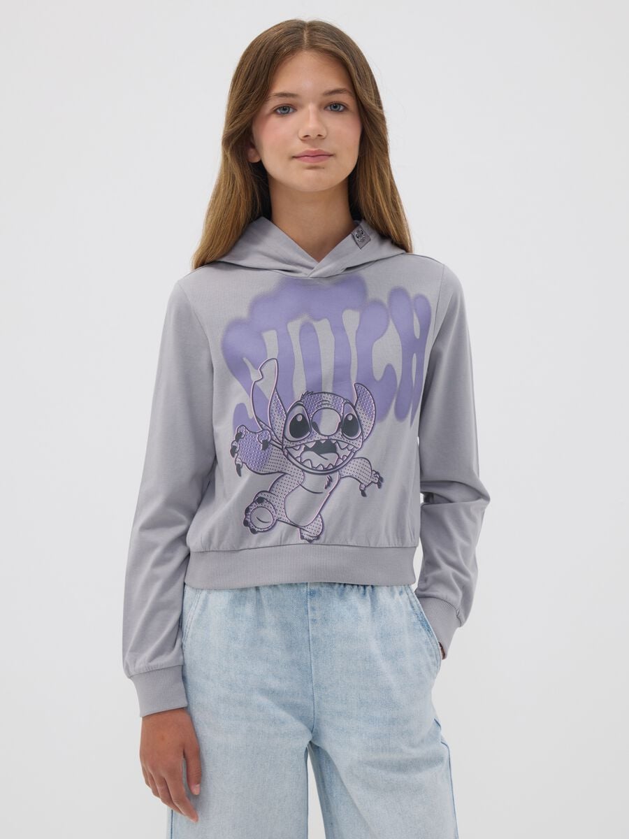 Grey pure cotton hoodie with Lilo & Stitch print for girls_0