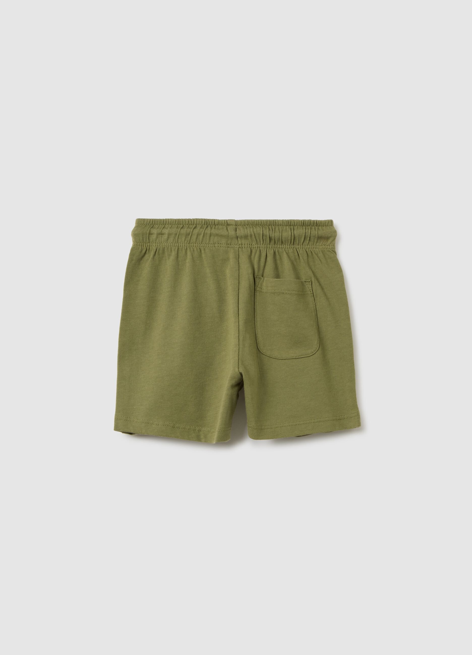 Children's green pure cotton regular fit shorts with drawstring waist