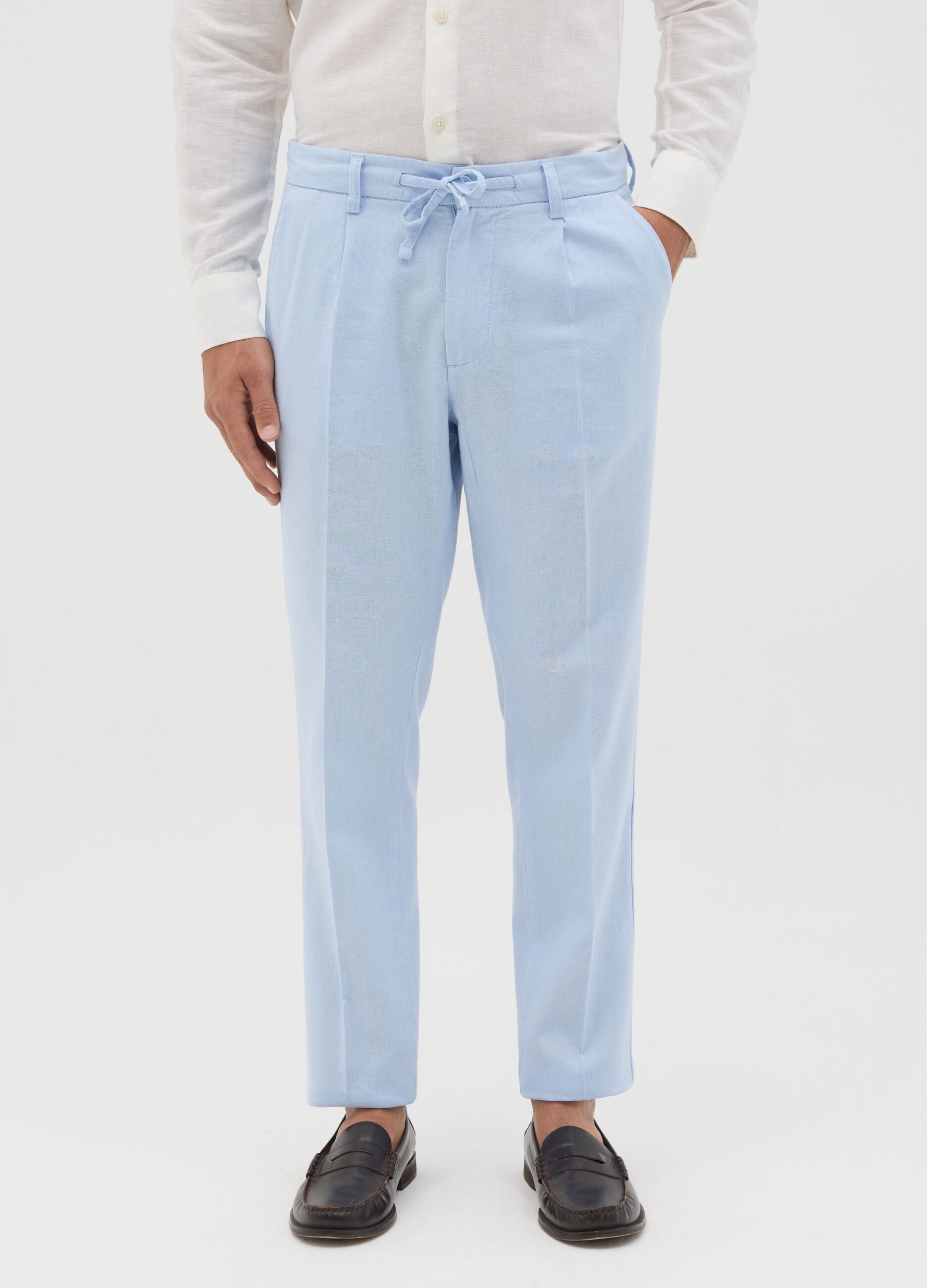 Sky blue slim-fit chino trousers with drawstring