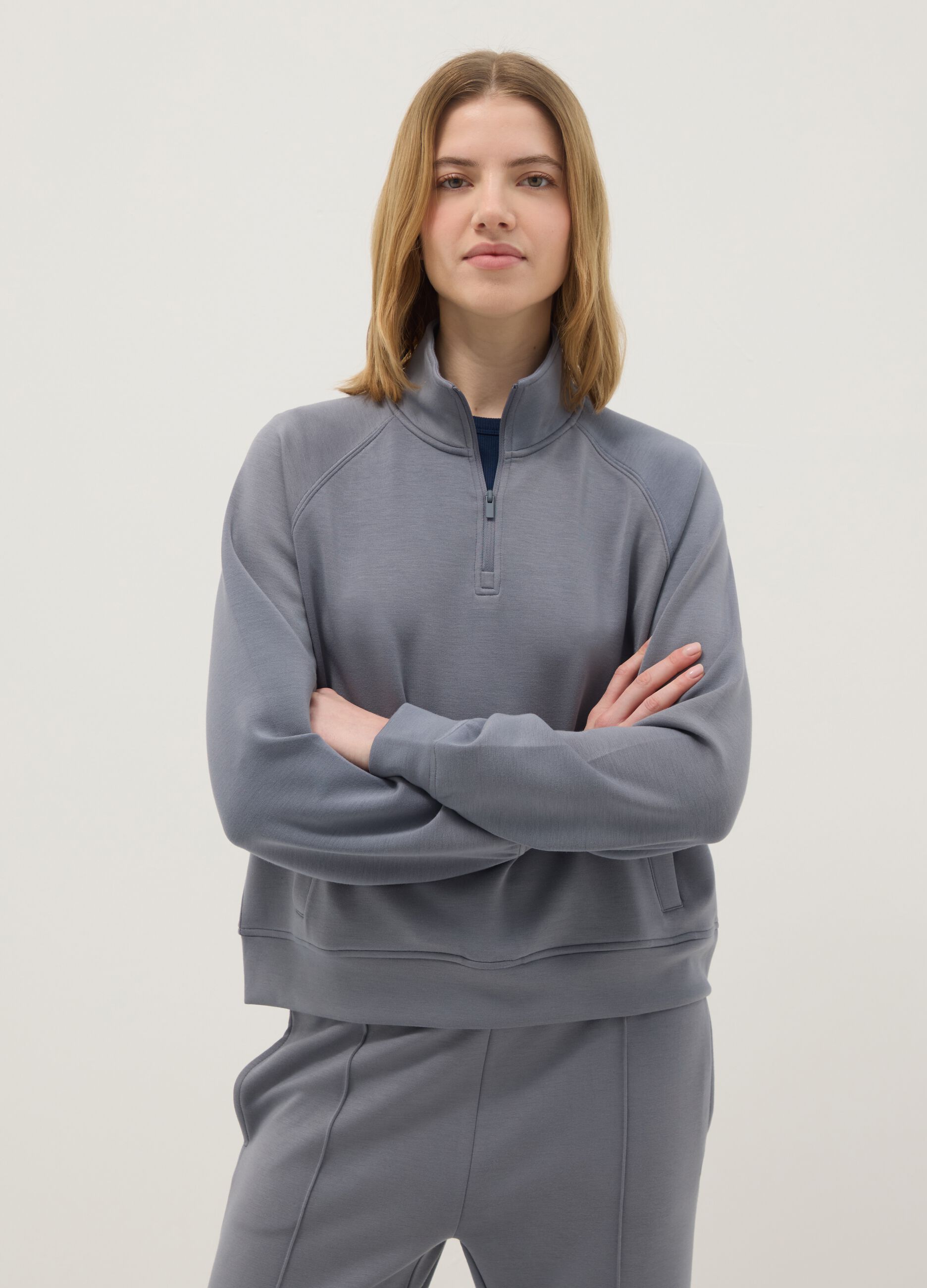 Grey regular fit modal blend sweatshirt with half zip