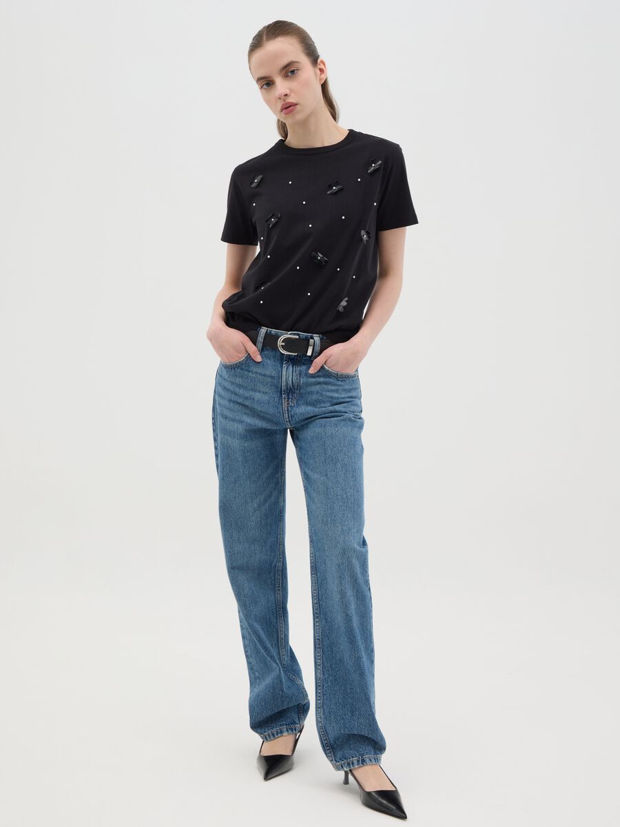 Black T-shirt in cotton with beads and flowers application_1