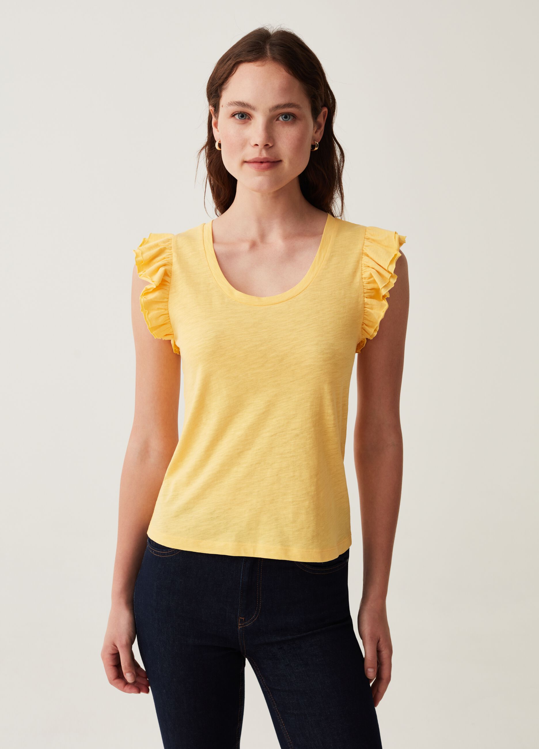 Tank top in cotone slub con volant_1