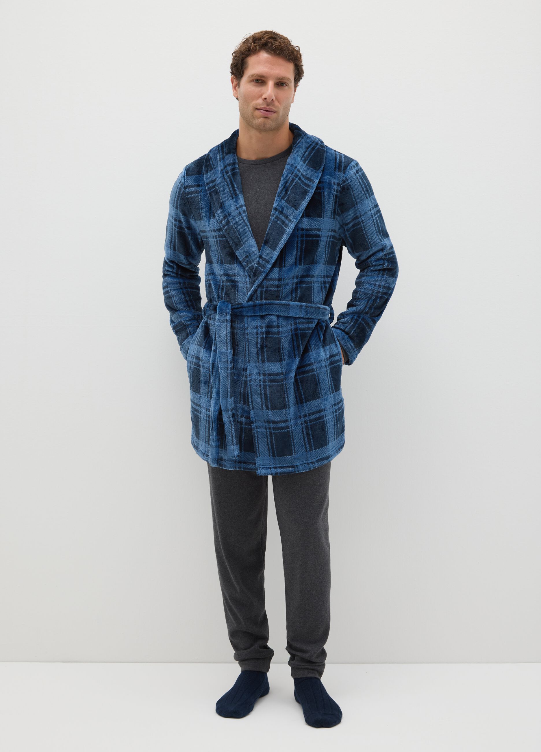 Multicoloured check coral fleece robe with belt