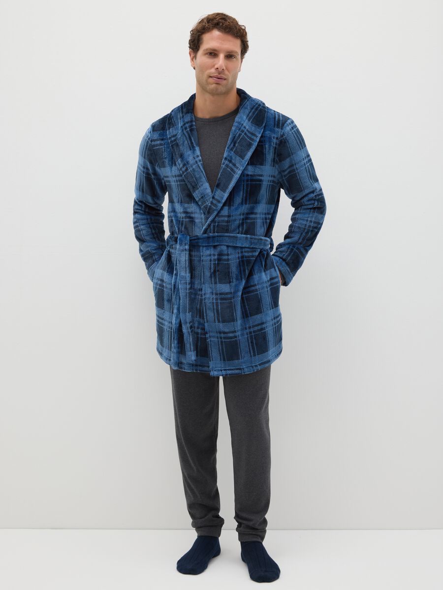 Multicoloured check coral fleece robe with belt_0