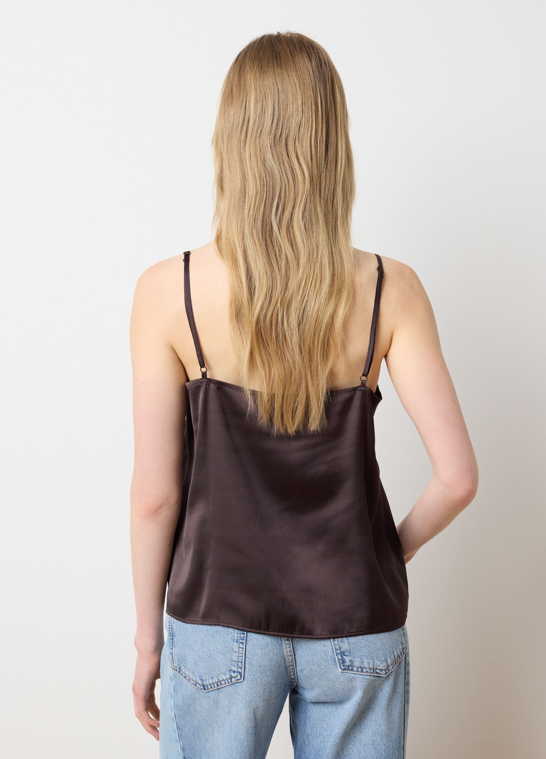 Women's brown satin blend slim fit top with lace