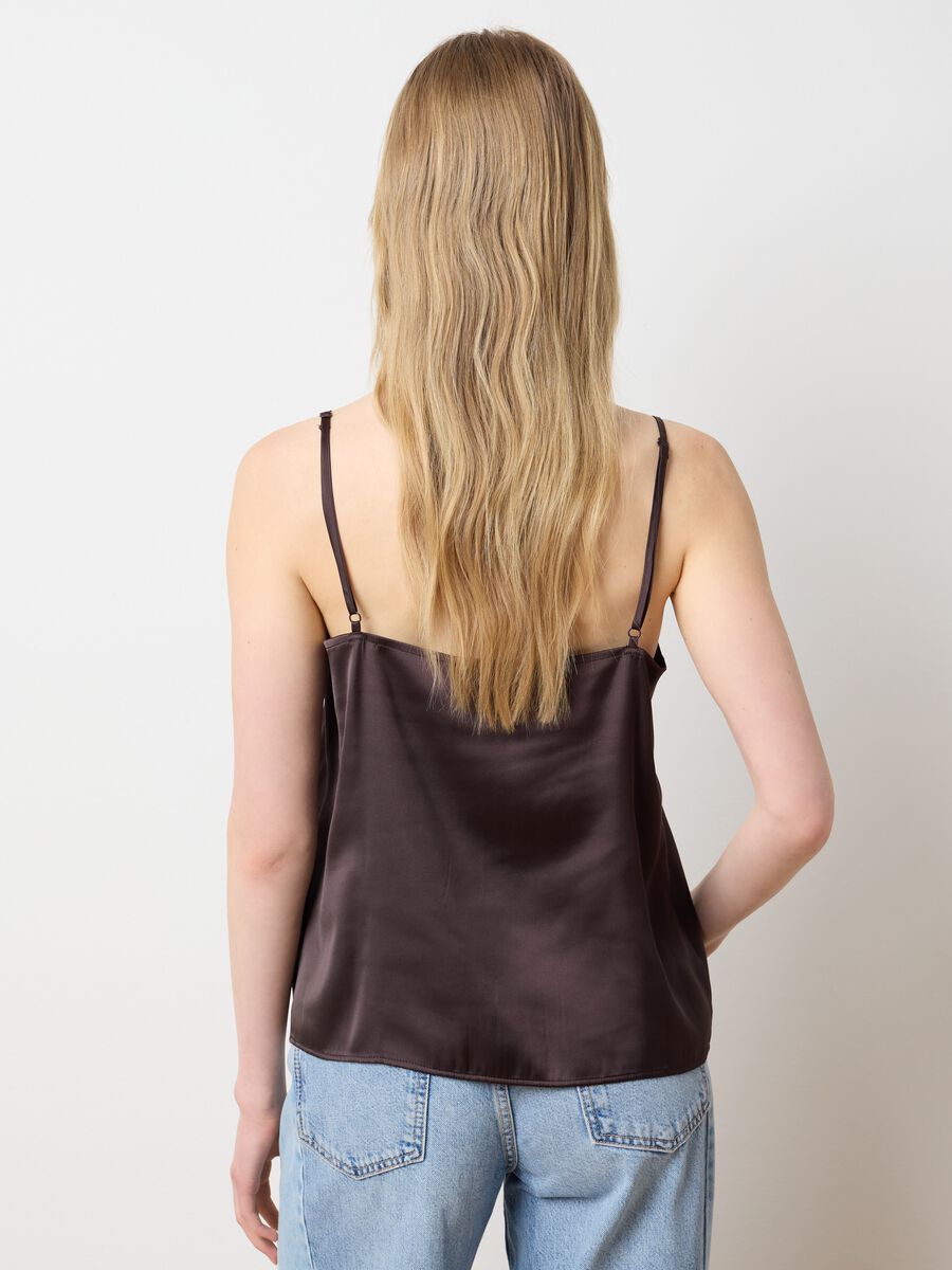 Women's brown satin blend slim fit top with lace_3