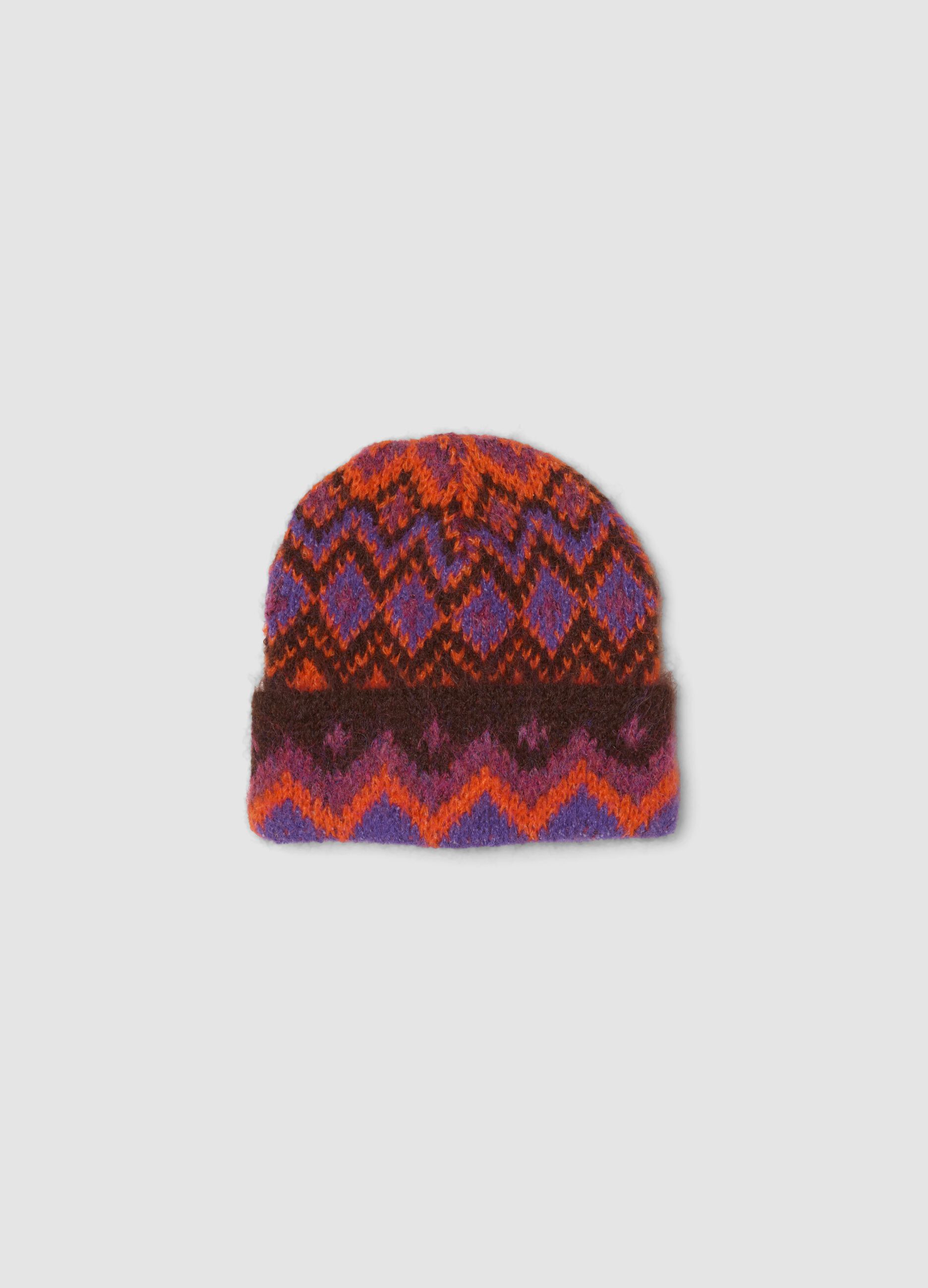 Cappello arancione e marrone in lana elasticizzata jacquard