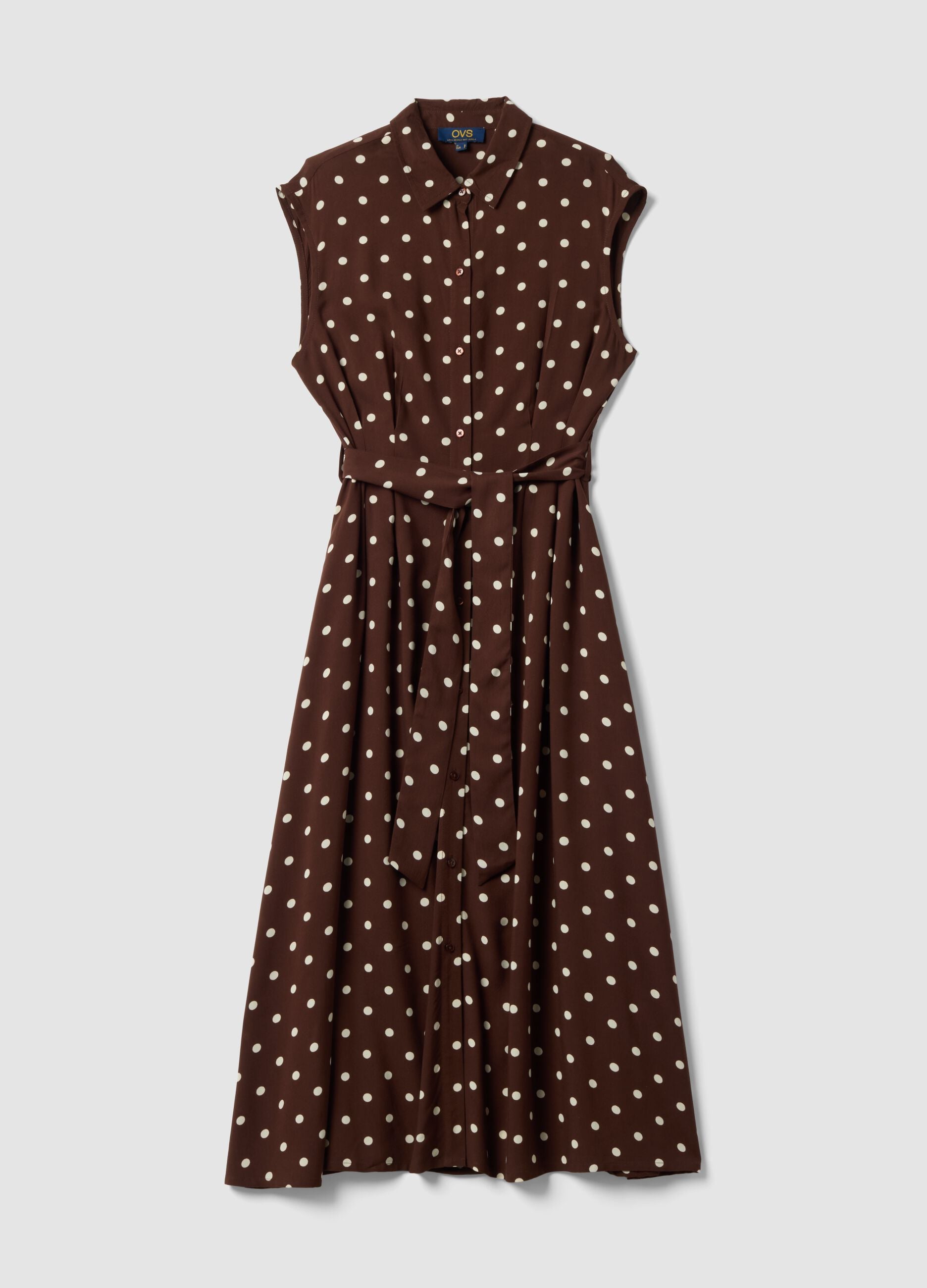 Brown midi dress in pure viscose with polka dots, regular fit